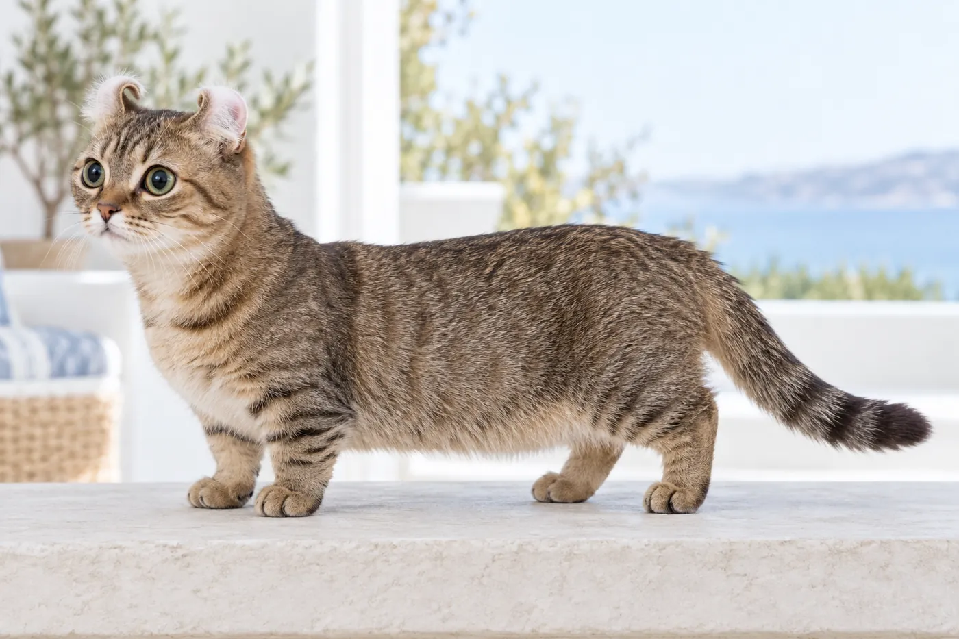 Small adult Kinkalow-type cat in side profile showing shortened legs a compact body and gently backward-curled ears