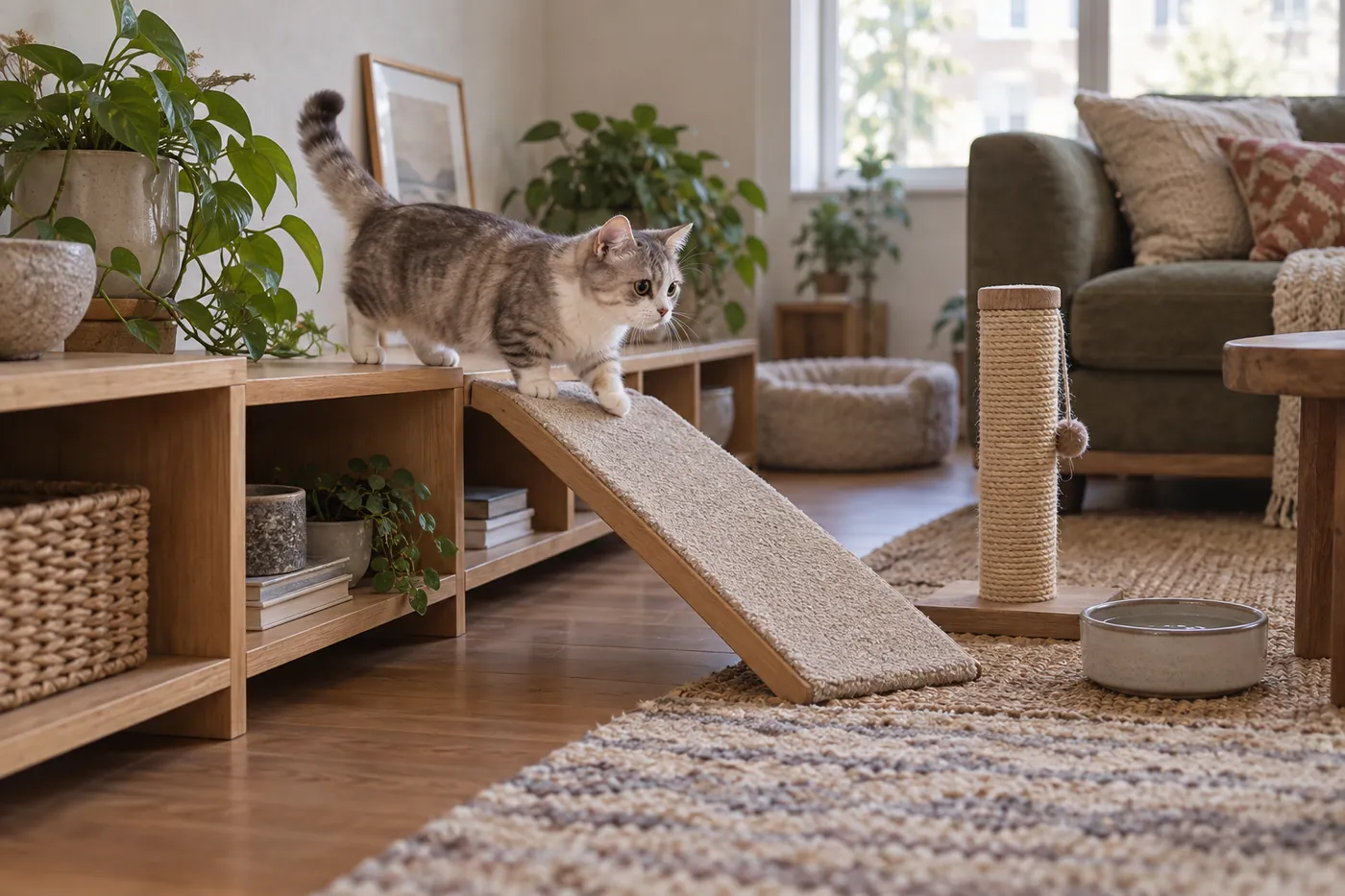 Small short-legged Kinkalow-type cat using broad low shelves a gentle ramp and a low scratching post in a living room