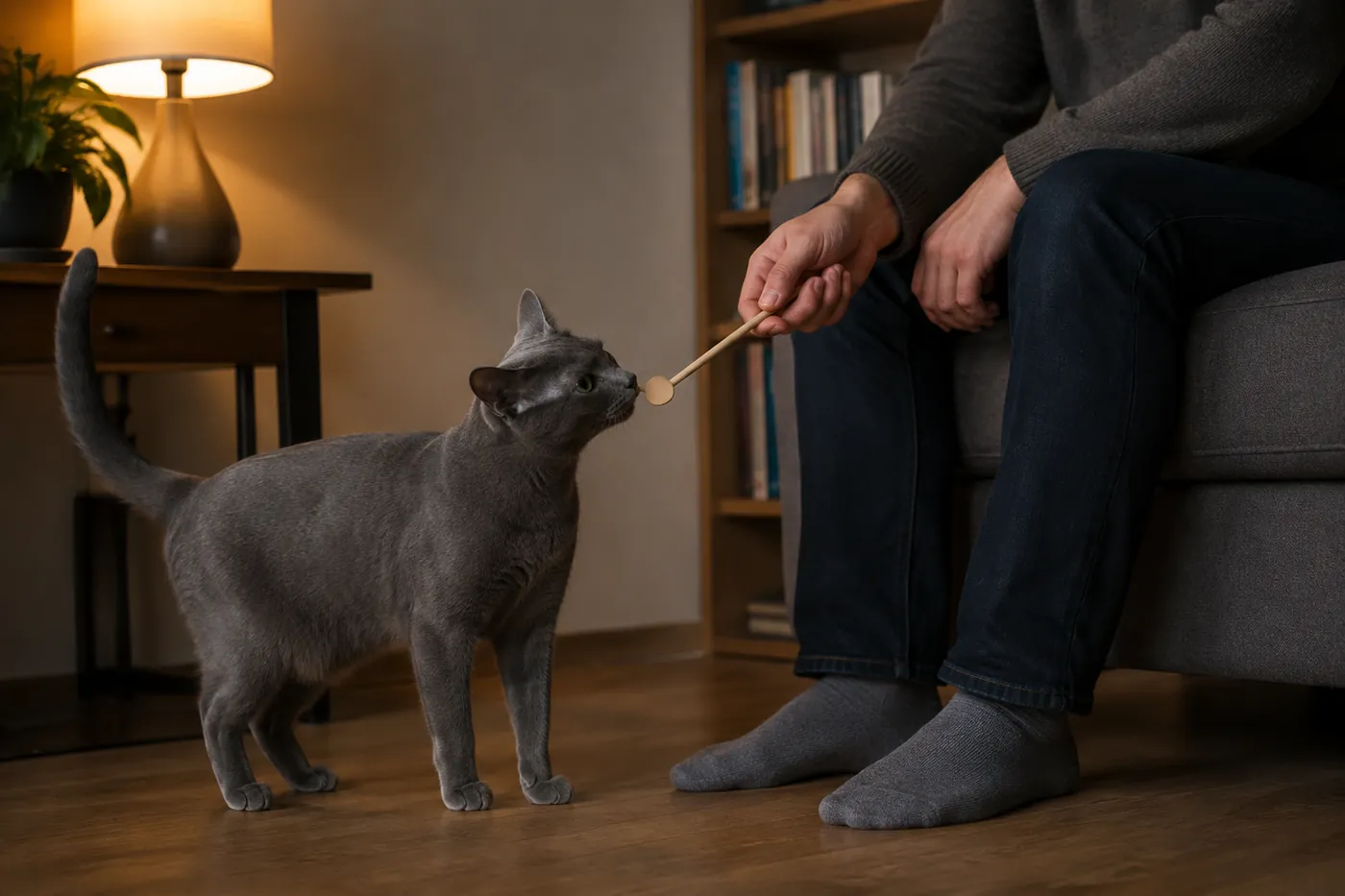 Korat touching a training target beside a seated person in a quiet living room