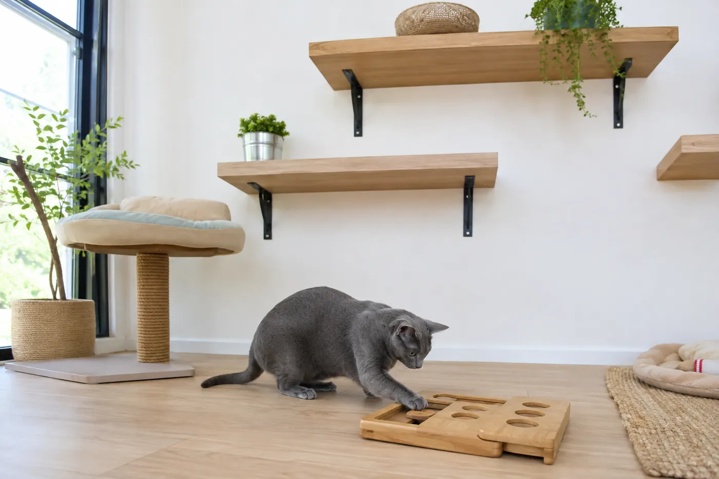 Korat using a food puzzle beneath a secure wall shelf and cat perch