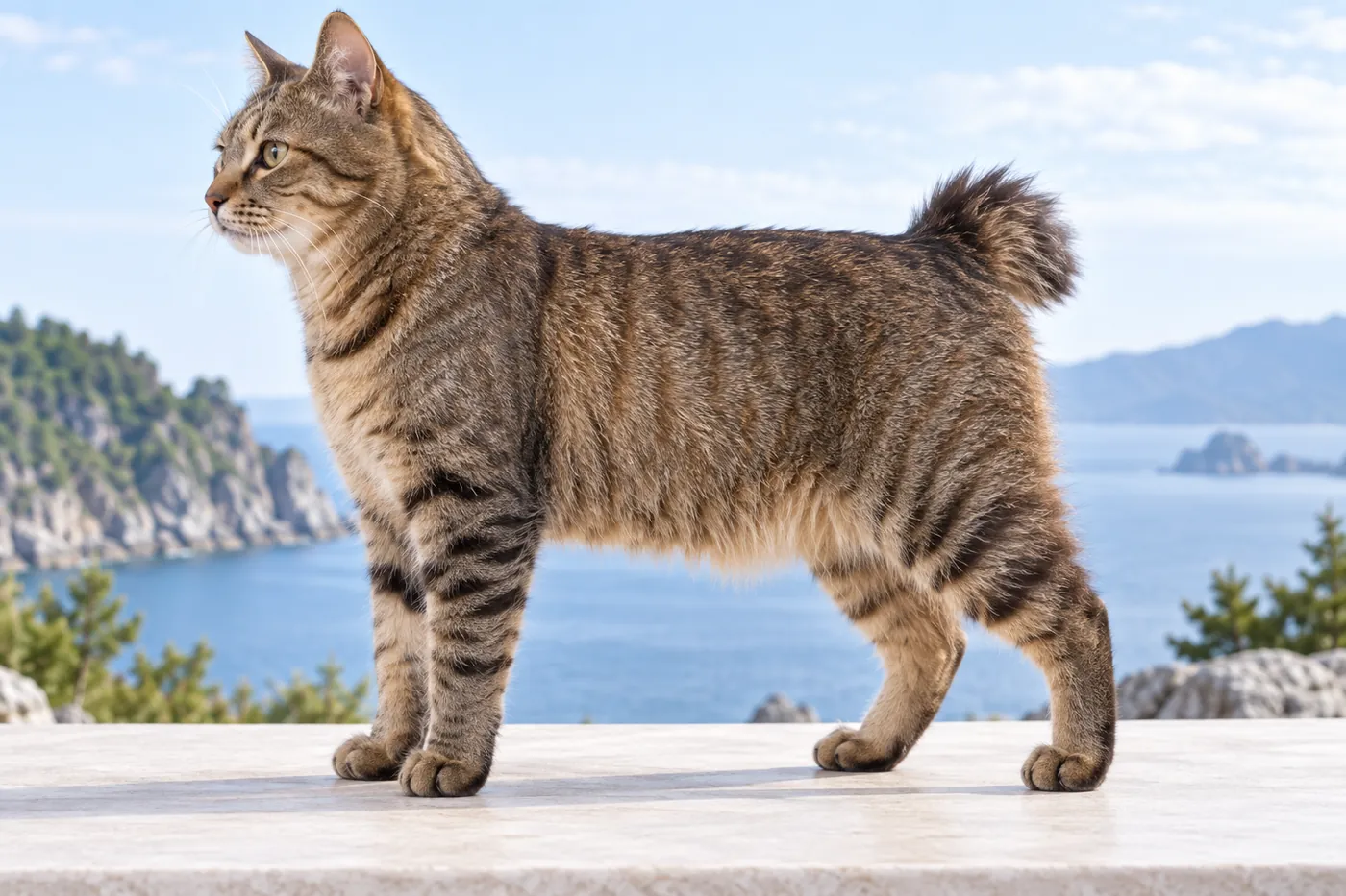 Brown tabby bobtailed cat standing in side profile, hindquarters set slightly higher than the shoulders, with a short kinked tail