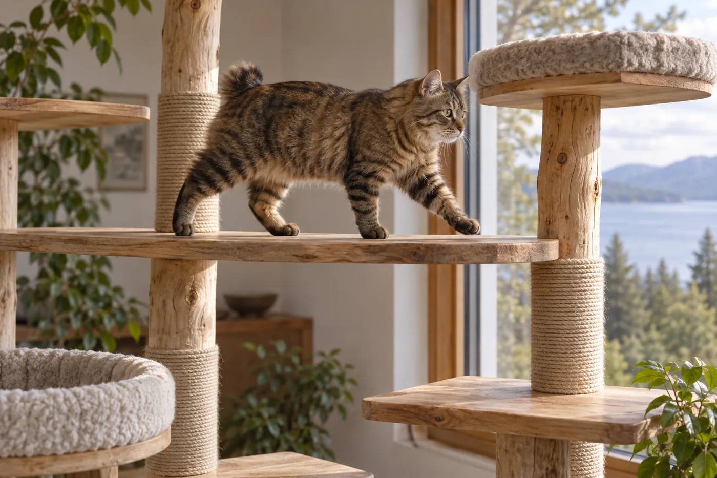 Brown tabby bobtailed cat crossing a tall wooden climbing structure with broad platforms at several heights beside a window