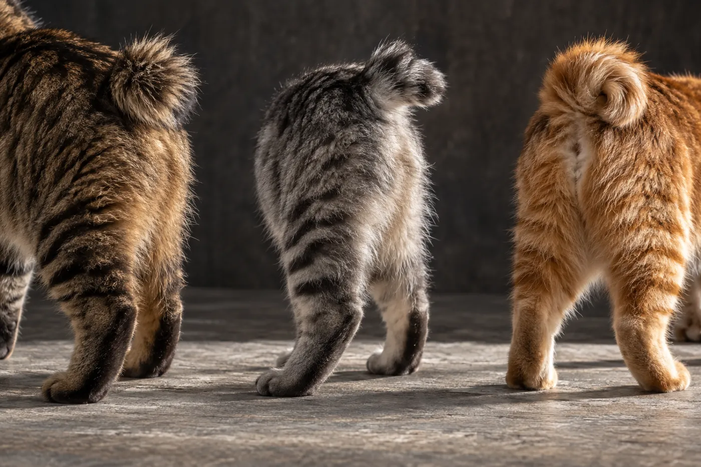 Rear views of three bobtailed cats, one with a round pom-pom tail, one with an angled snag and one spiralled