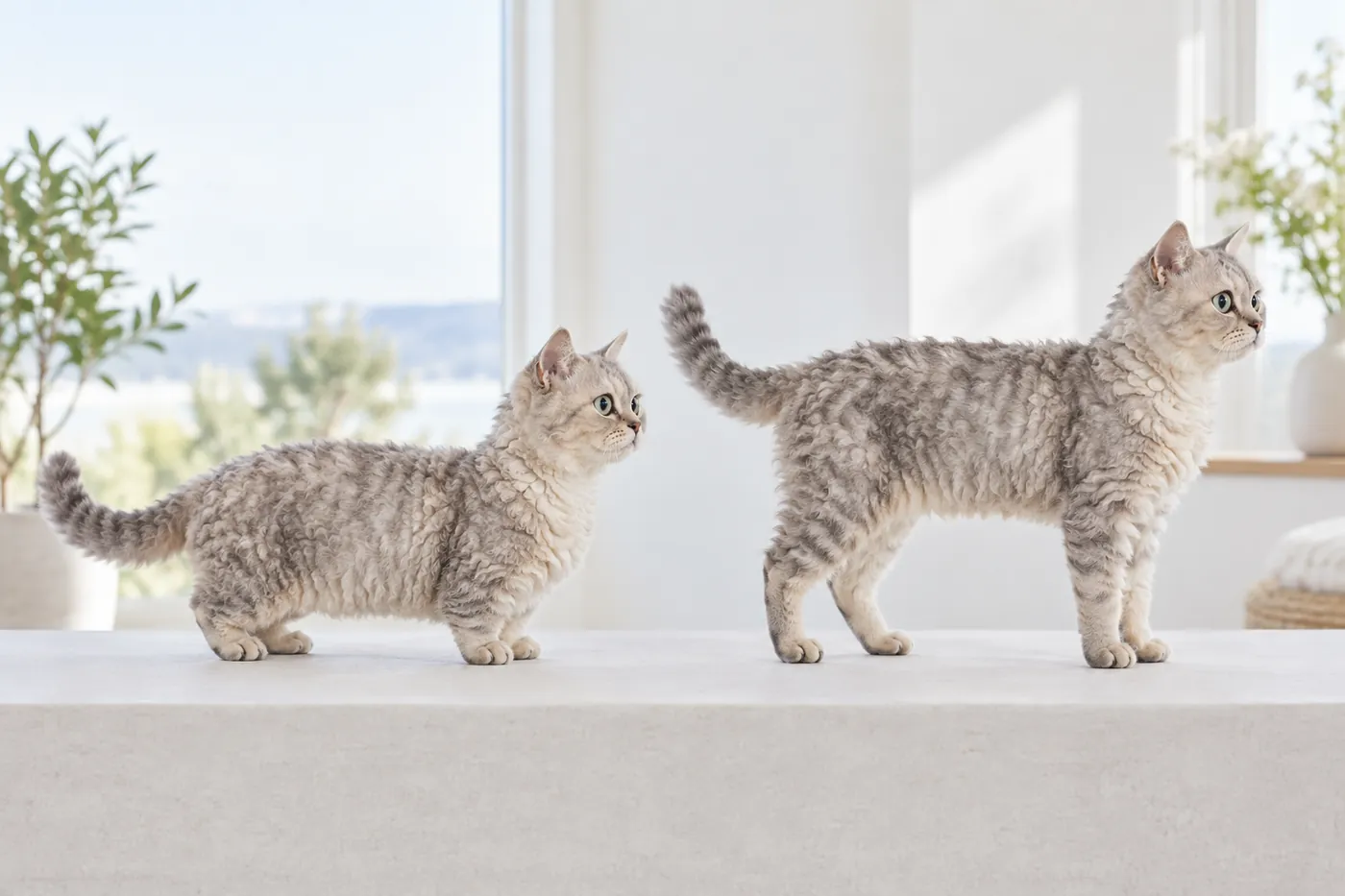 Two small curly-coated cats standing in side profile, one on short legs and one at ordinary height