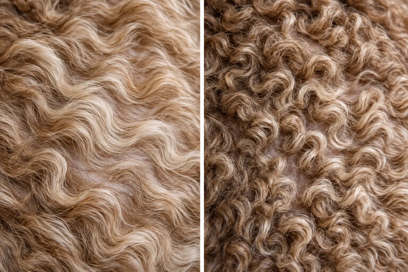 Two close patches of curly cat coat in one colour, soft loose waves beside tighter, denser curls