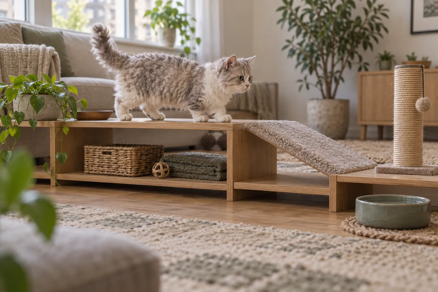 Short-legged curly-coated cat walking along low wooden shelves joined by a carpeted ramp, beside a low scratching post and water bowl