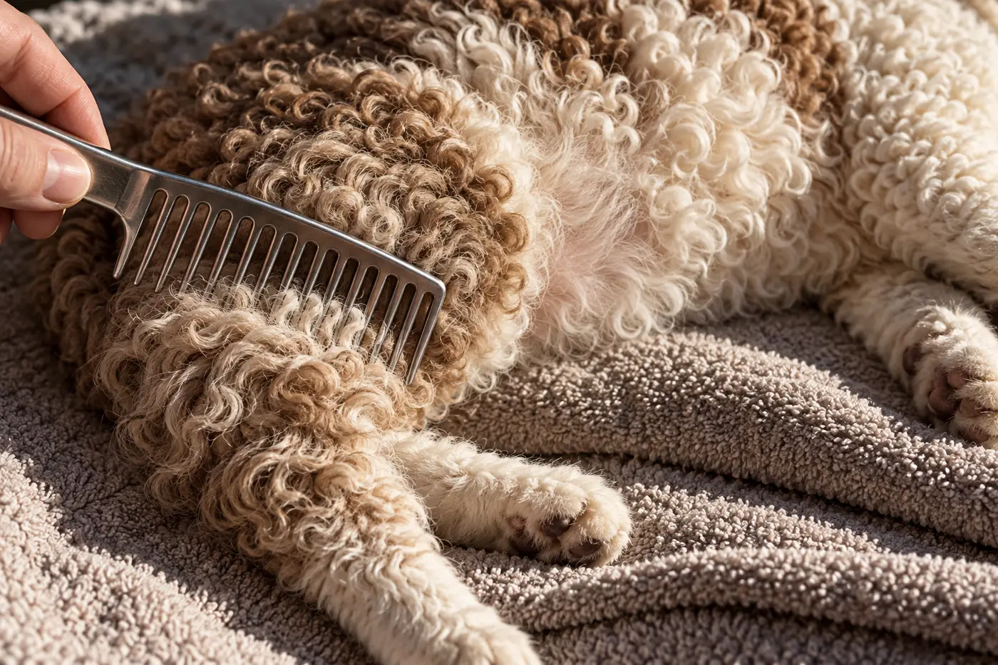 A wide-tooth comb easing through loose curls on the hind leg of a short-legged curly-coated cat