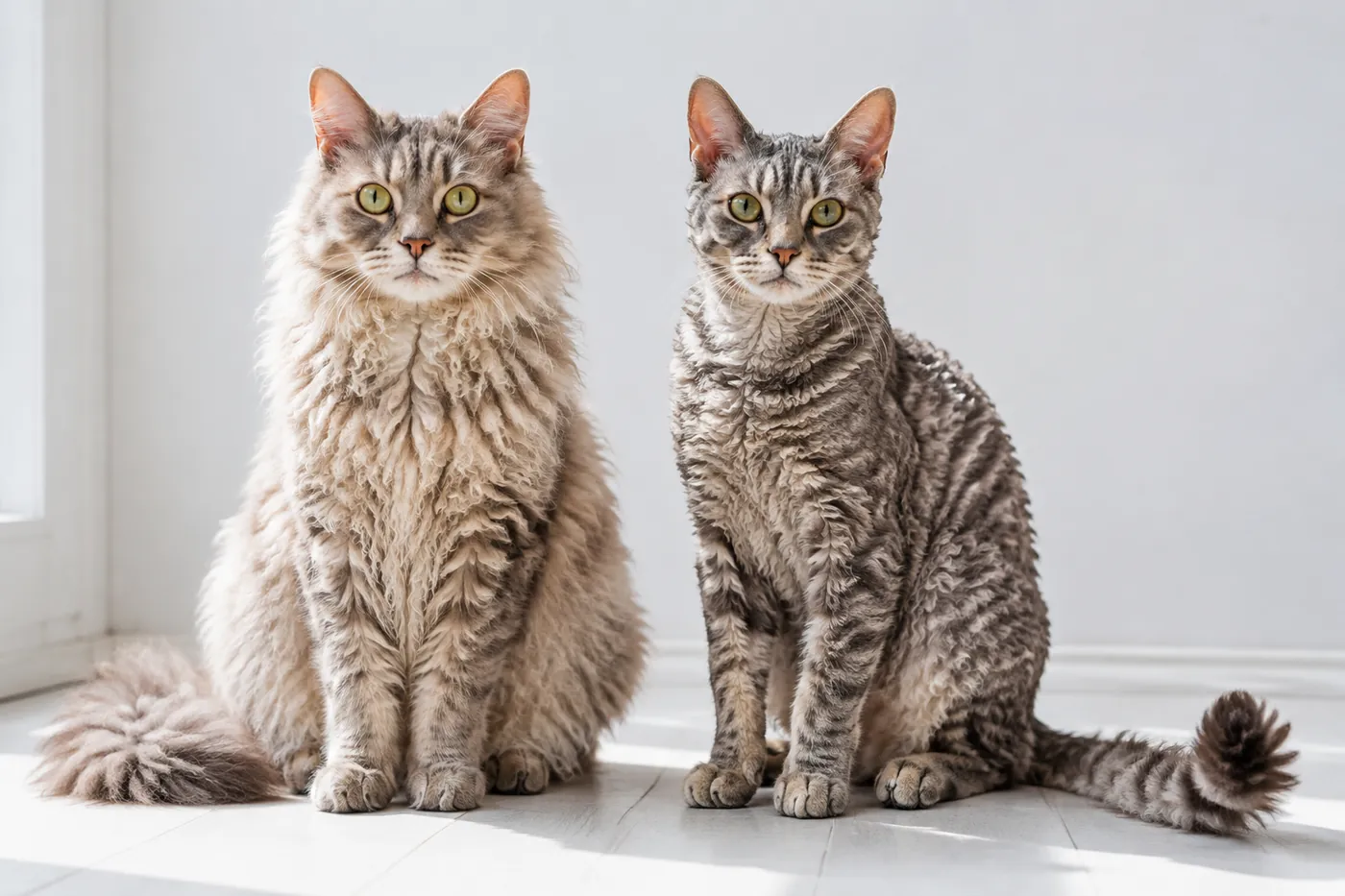 Longhaired and shorthaired LaPerm cats sitting together, showing loose ringlets and shorter waves