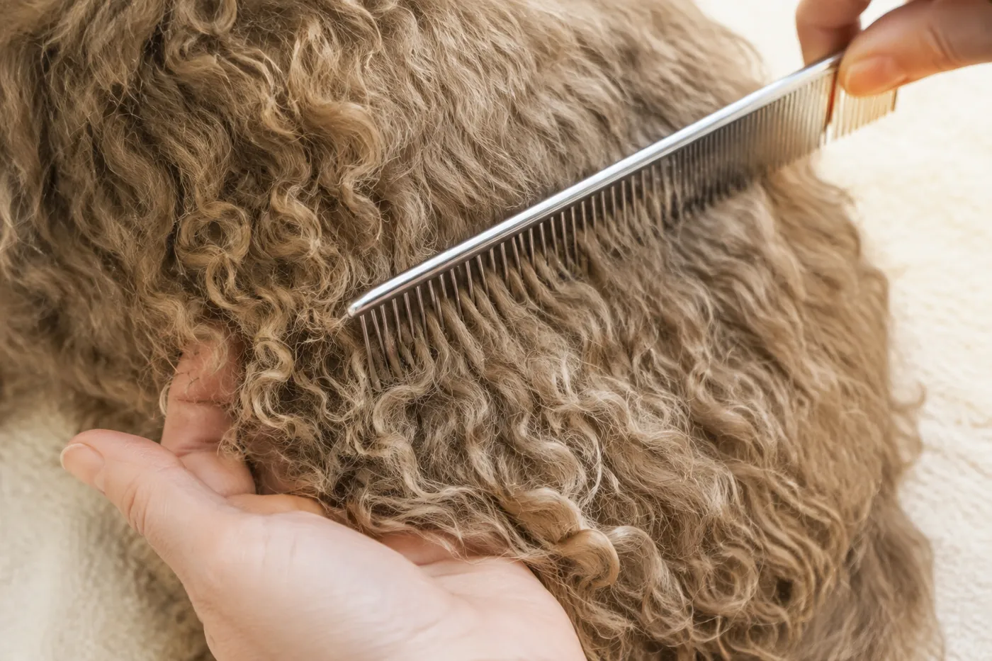Wide rotating-tooth comb passing gently through loose LaPerm curls