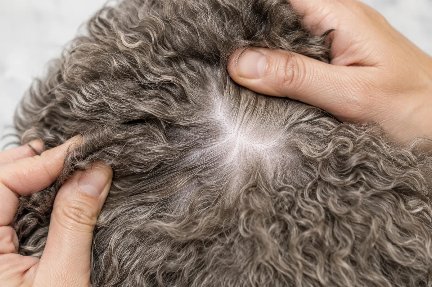 Loose LaPerm curls parted by hand to inspect clean healthy skin underneath