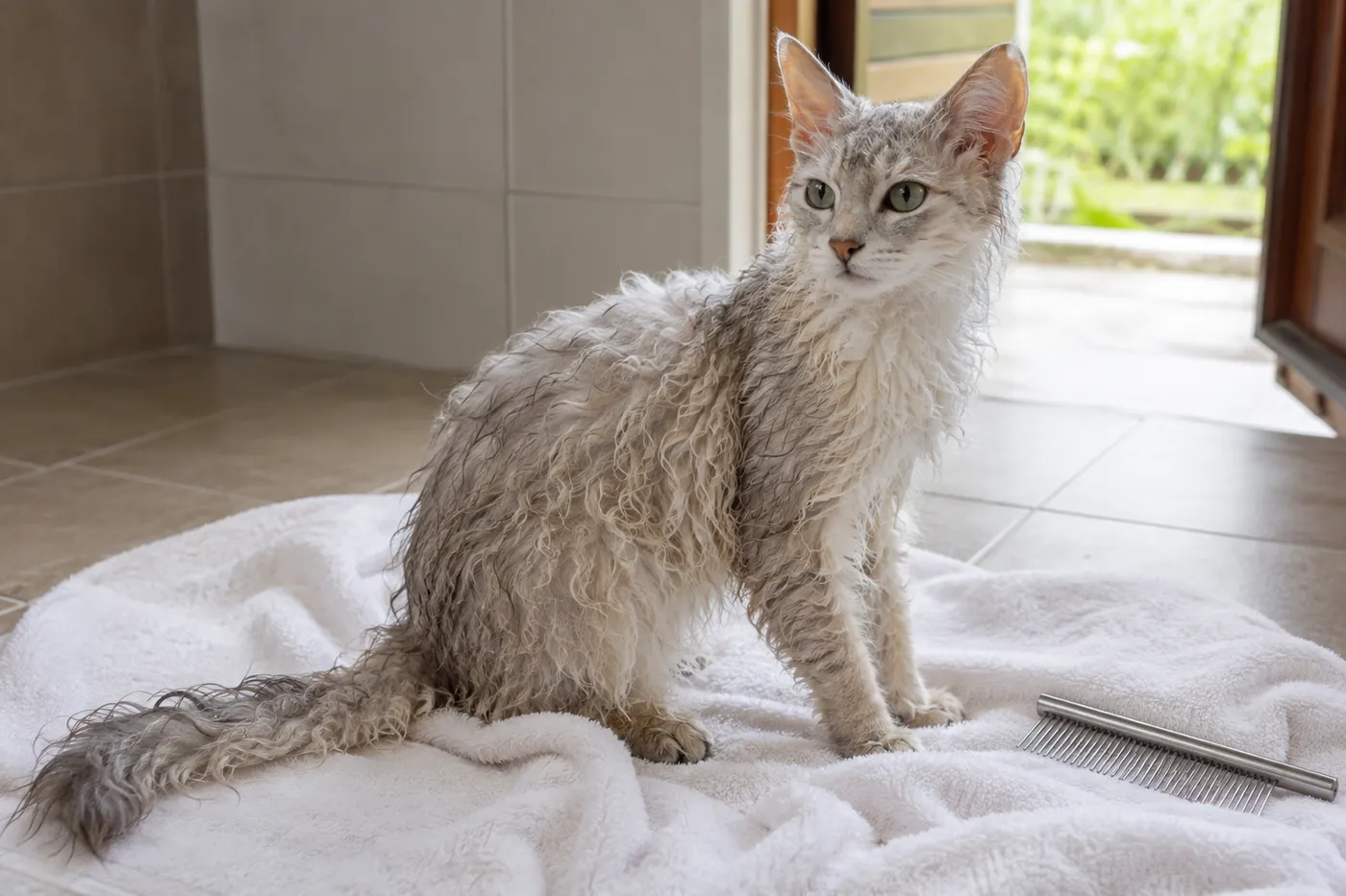Damp longhair LaPerm resting on an absorbent towel while loose curls air-dry beside a wide metal comb