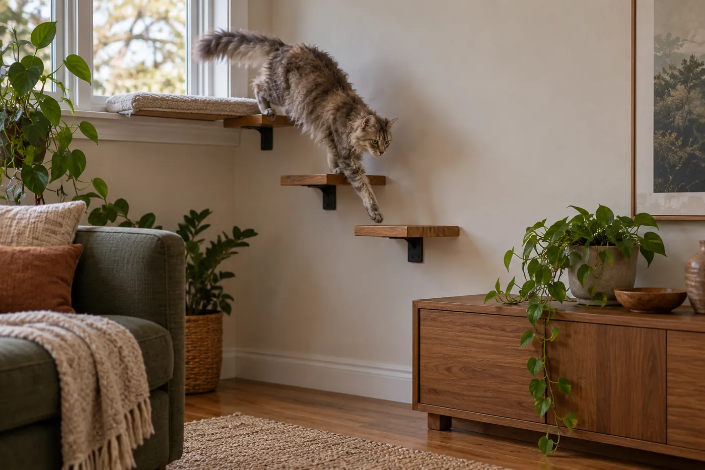 A curly-coated cat stepping down a staggered run of wall shelves from a window perch towards the floor