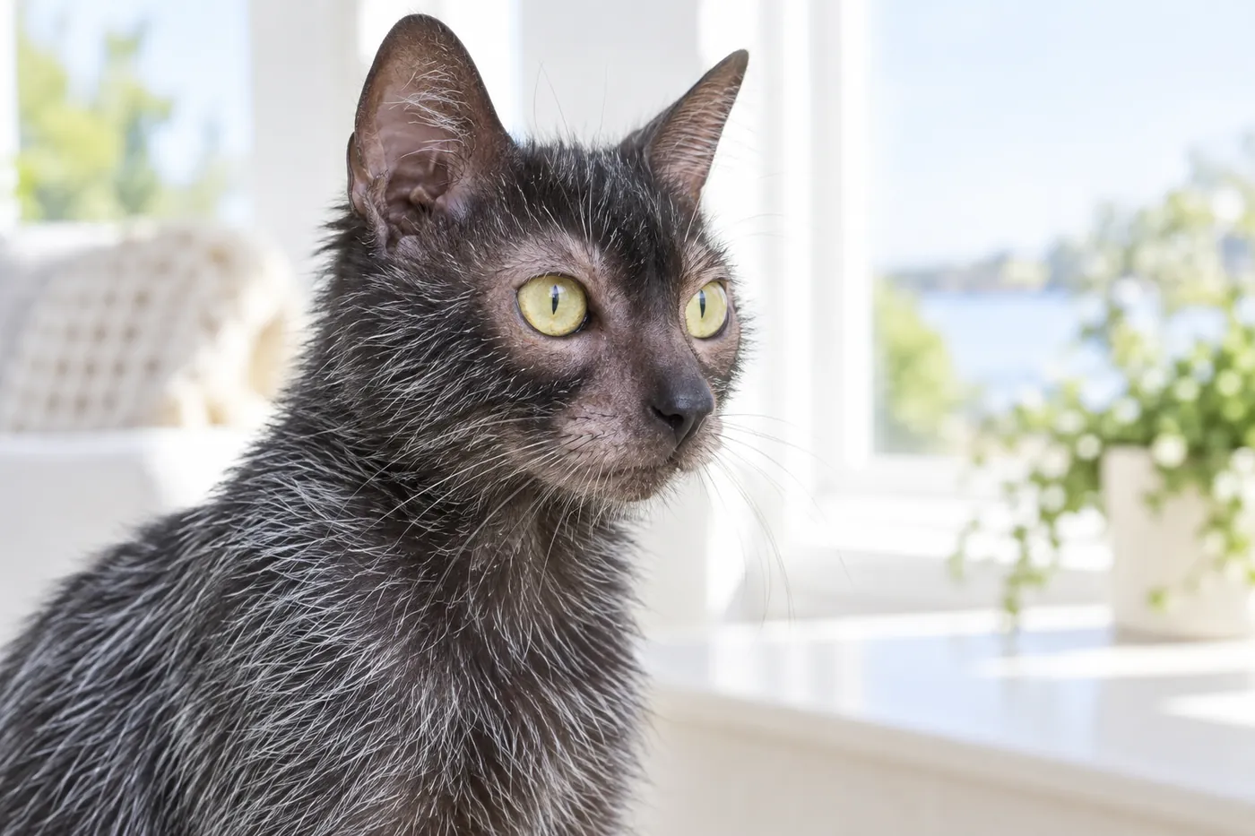 Head and shoulders of a grey roan cat with sparse hair around the eyes, nose and muzzle, and thinly haired ears
