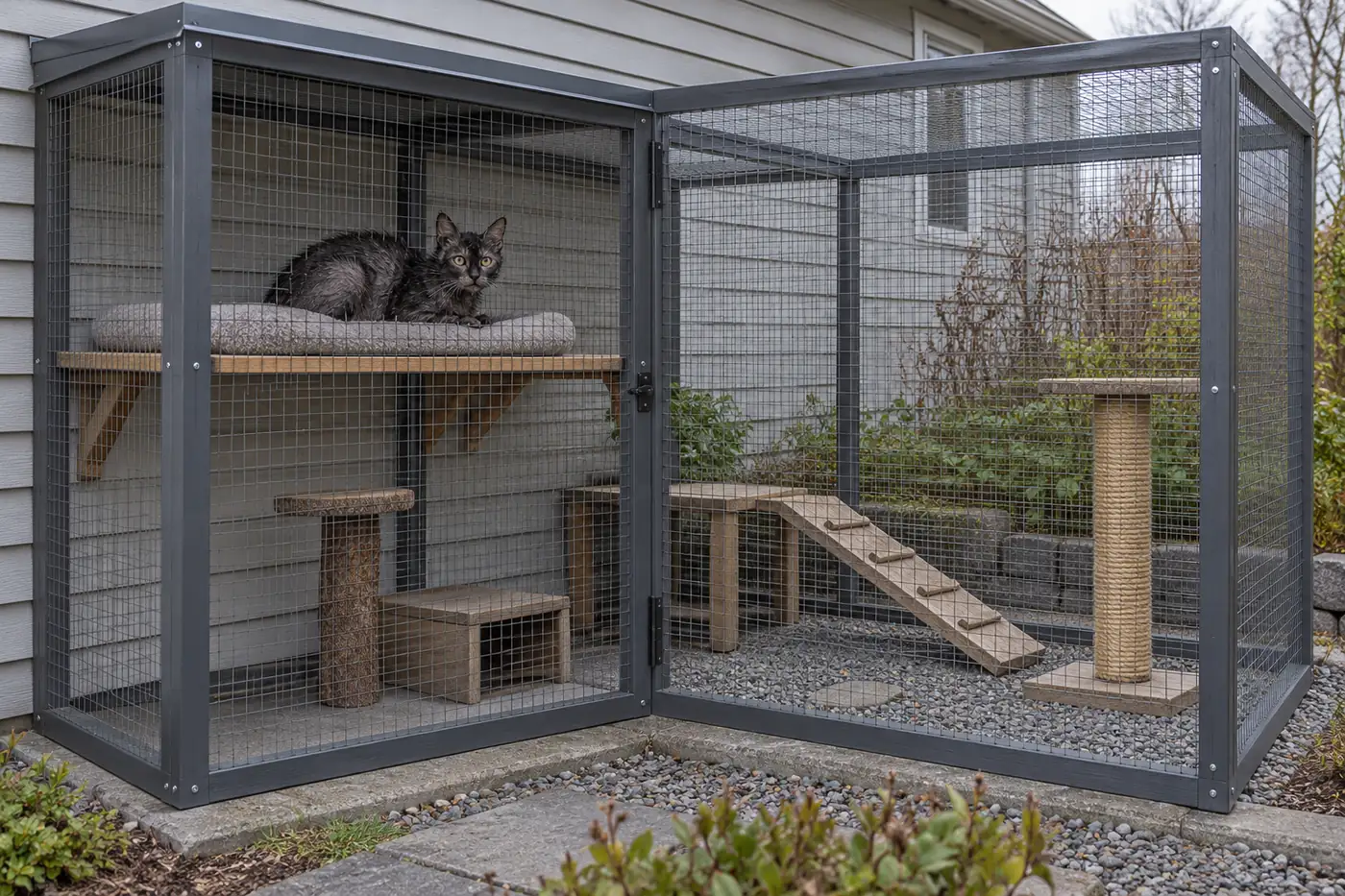 Mesh cat enclosure against a house wall, half under a solid roof, a sparse-coated grey roan cat resting on the covered shelf