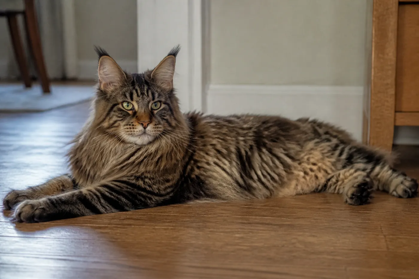 A long-haired Maine Coon lying full length along a wooden floor