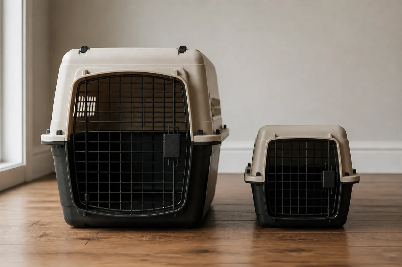 A large rigid pet carrier beside a standard cat carrier for size comparison