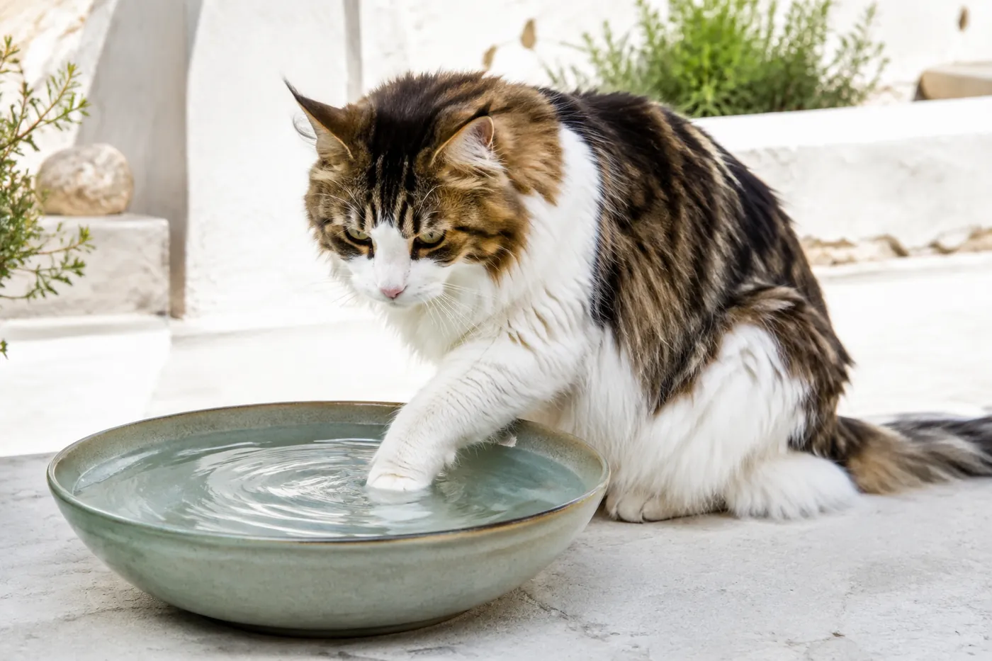 A large cat dipping one paw into a full water bowl