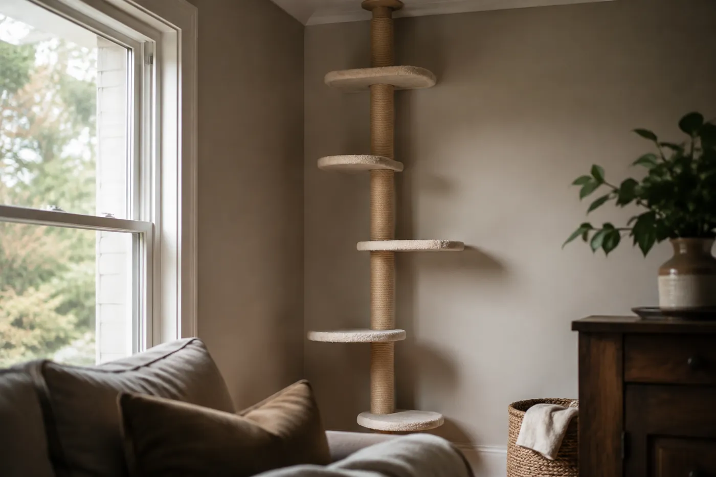 A floor to ceiling climbing post with wide platforms