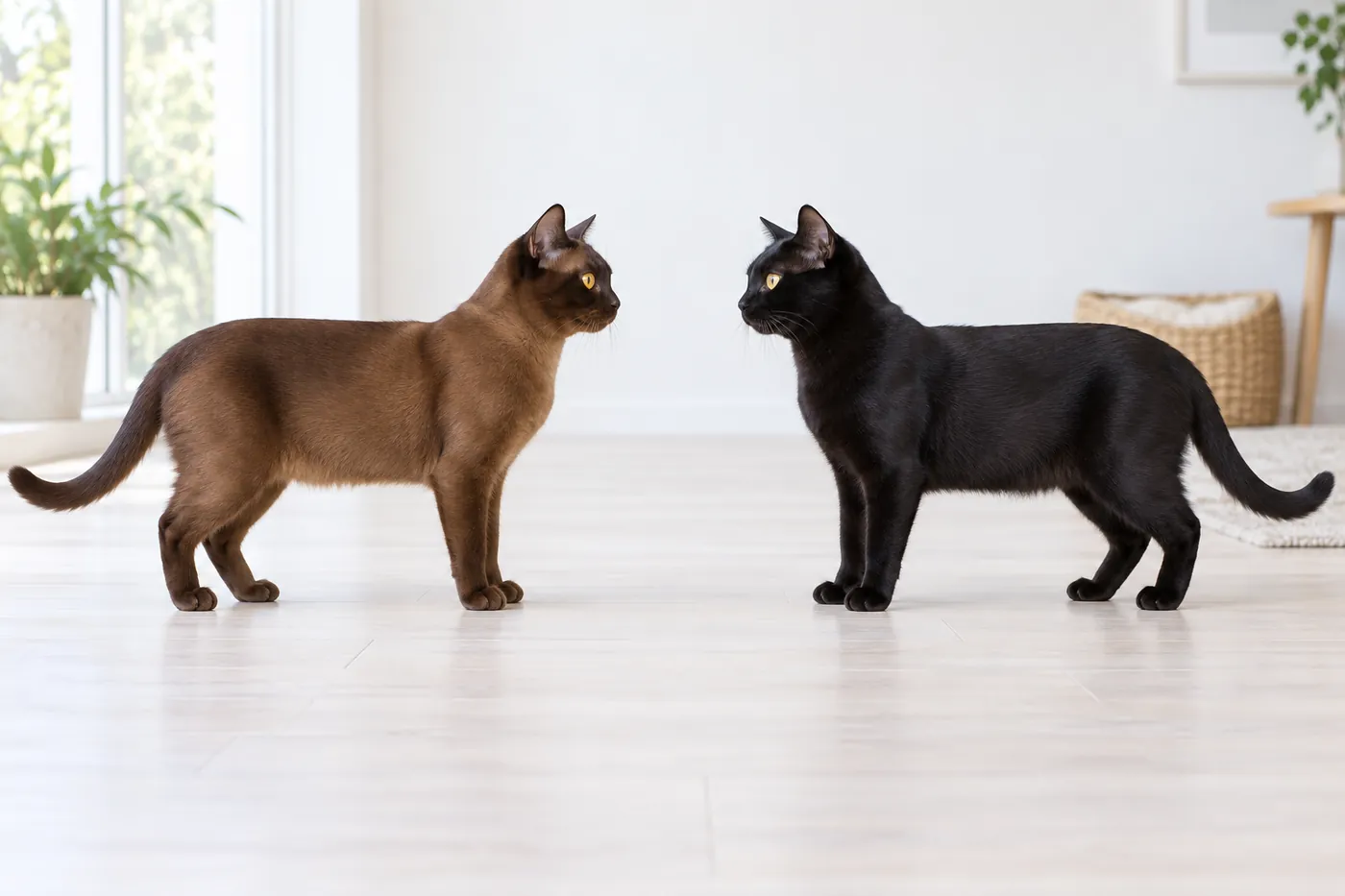 Two compact short-coated cats in side profile, a warm dark brown on the left and a solid black on the right