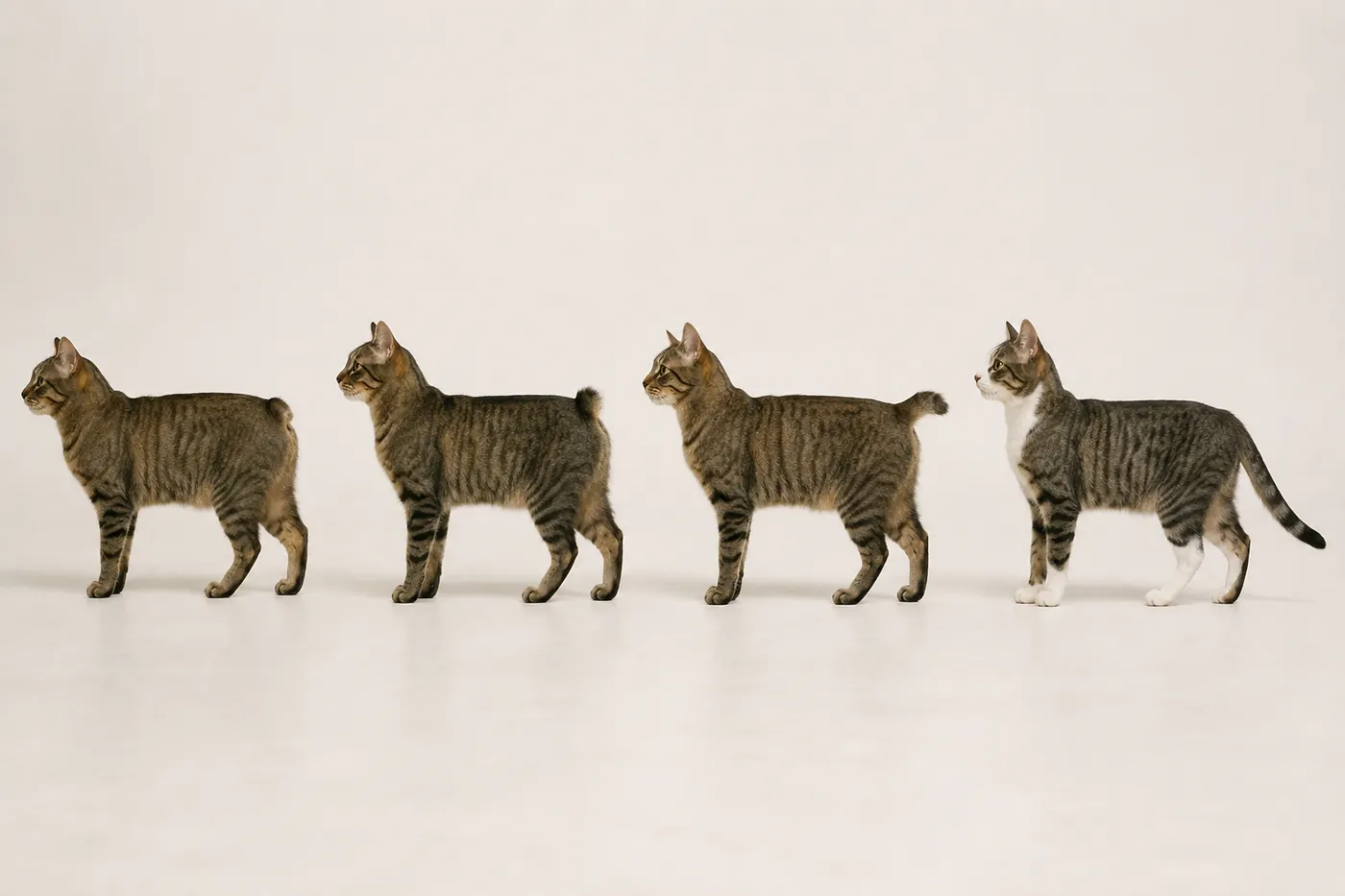 Four Manx cats viewed from the side with no tail, a small rise, a short tail and a full tail