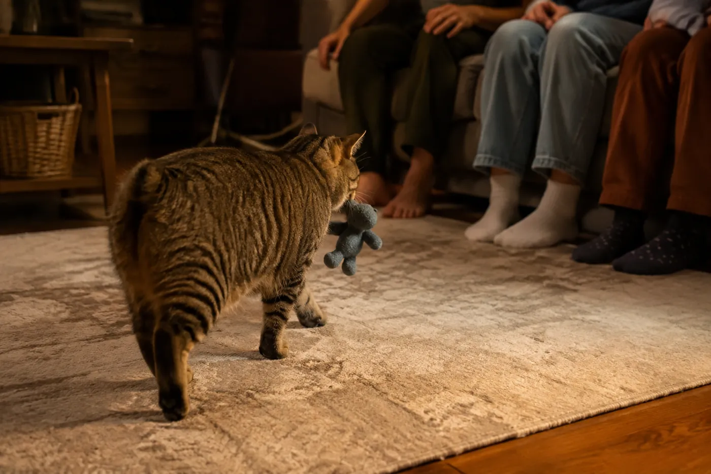 Adult Manx retrieving a soft toy across a rug in a family living room