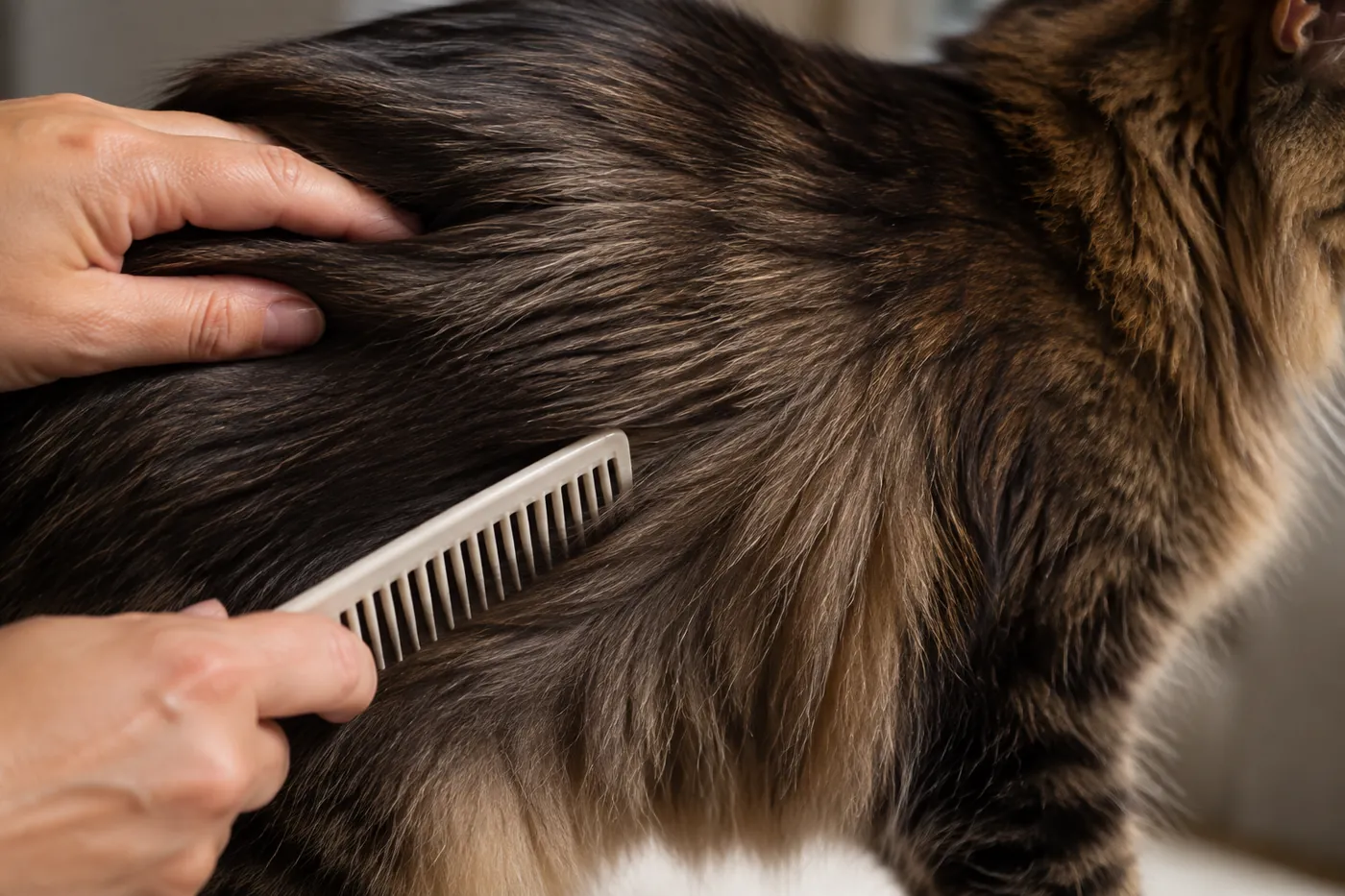 Wide-tooth comb moving gently through the dense flank coat of a longhaired Manx