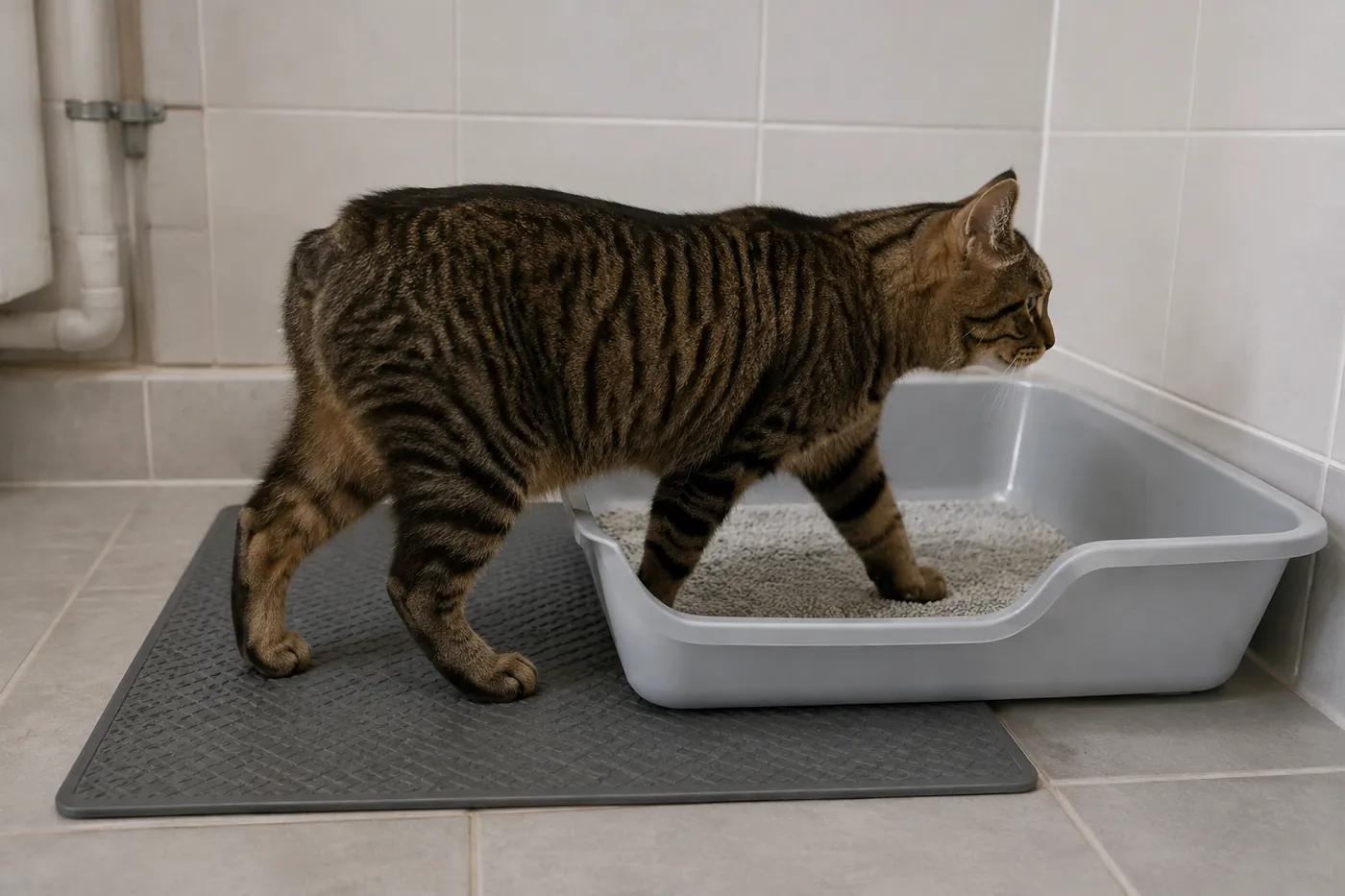 Healthy tailless Manx entering a large low-entry litter tray on a non-slip tiled floor