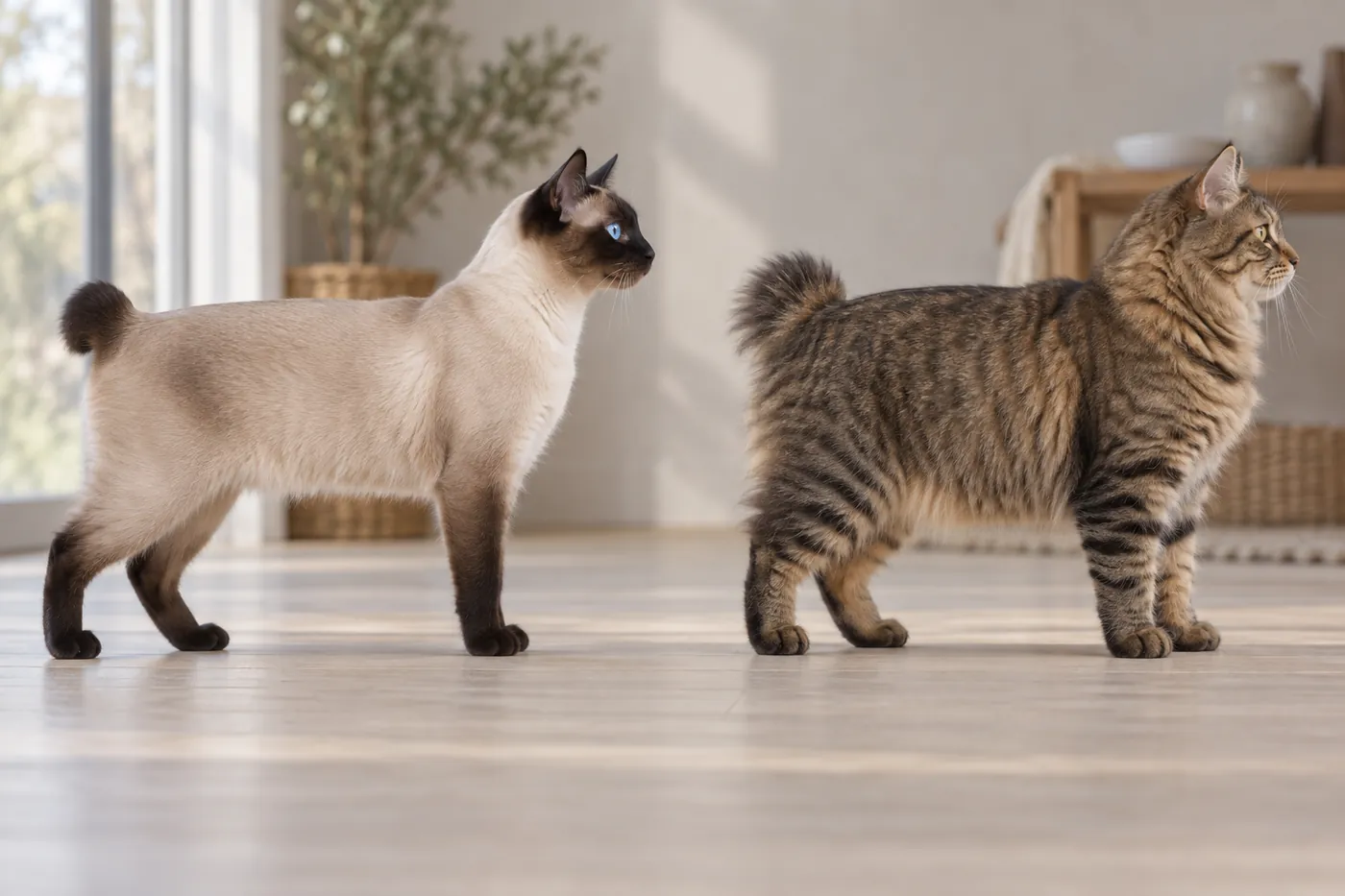 Seal-point bobtailed cat with blue eyes beside a larger, heavier brown tabby bobtailed cat, both in side profile