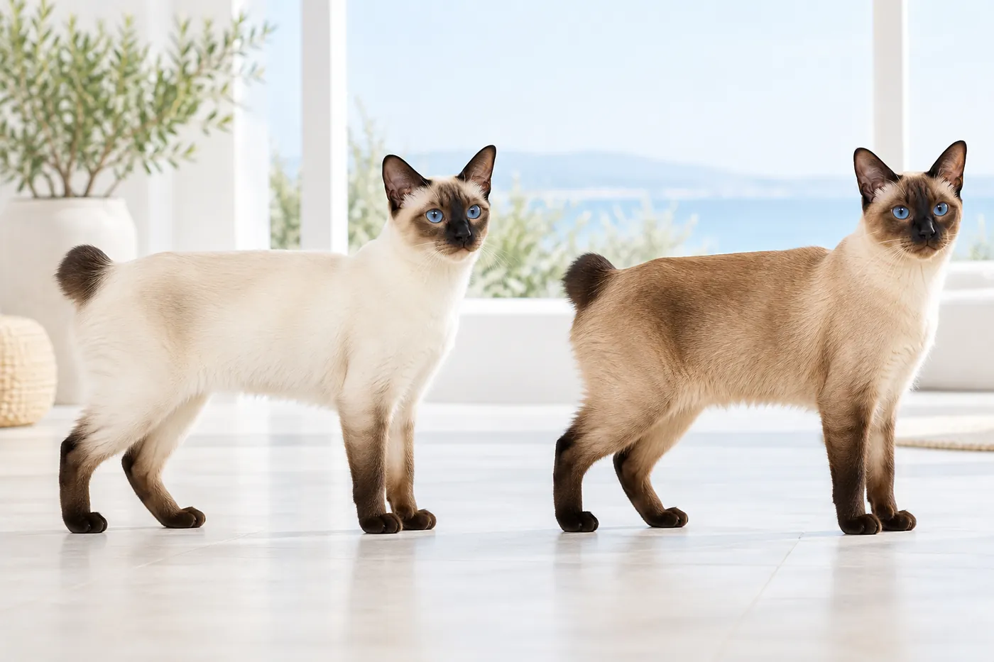 Two seal-point bobtailed cats side by side, the older one with a darker fawn body and softer point contrast