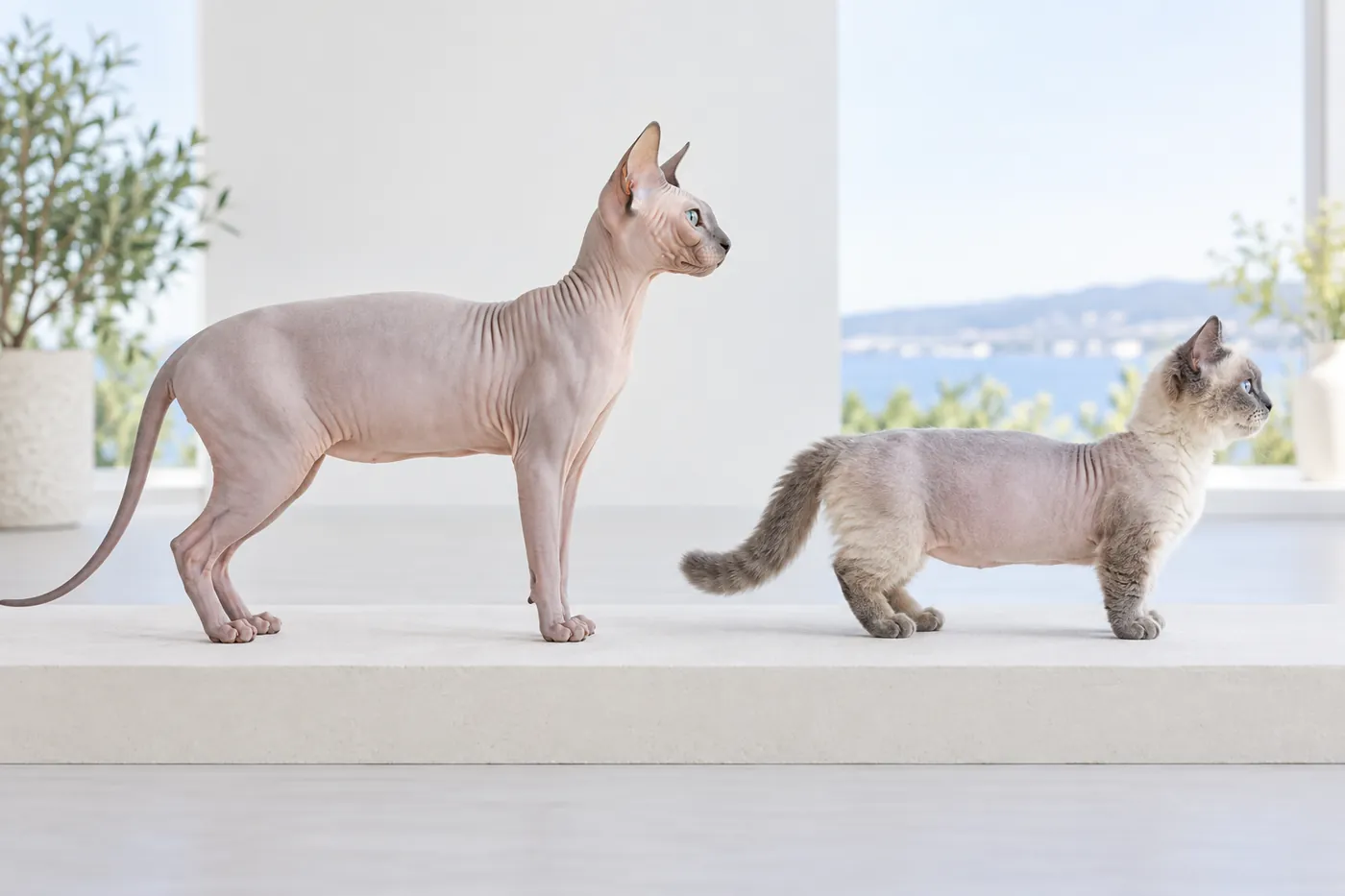 A hairless long-legged cat beside a short-legged cat with a furred face, legs and tail and a sparse bare torso