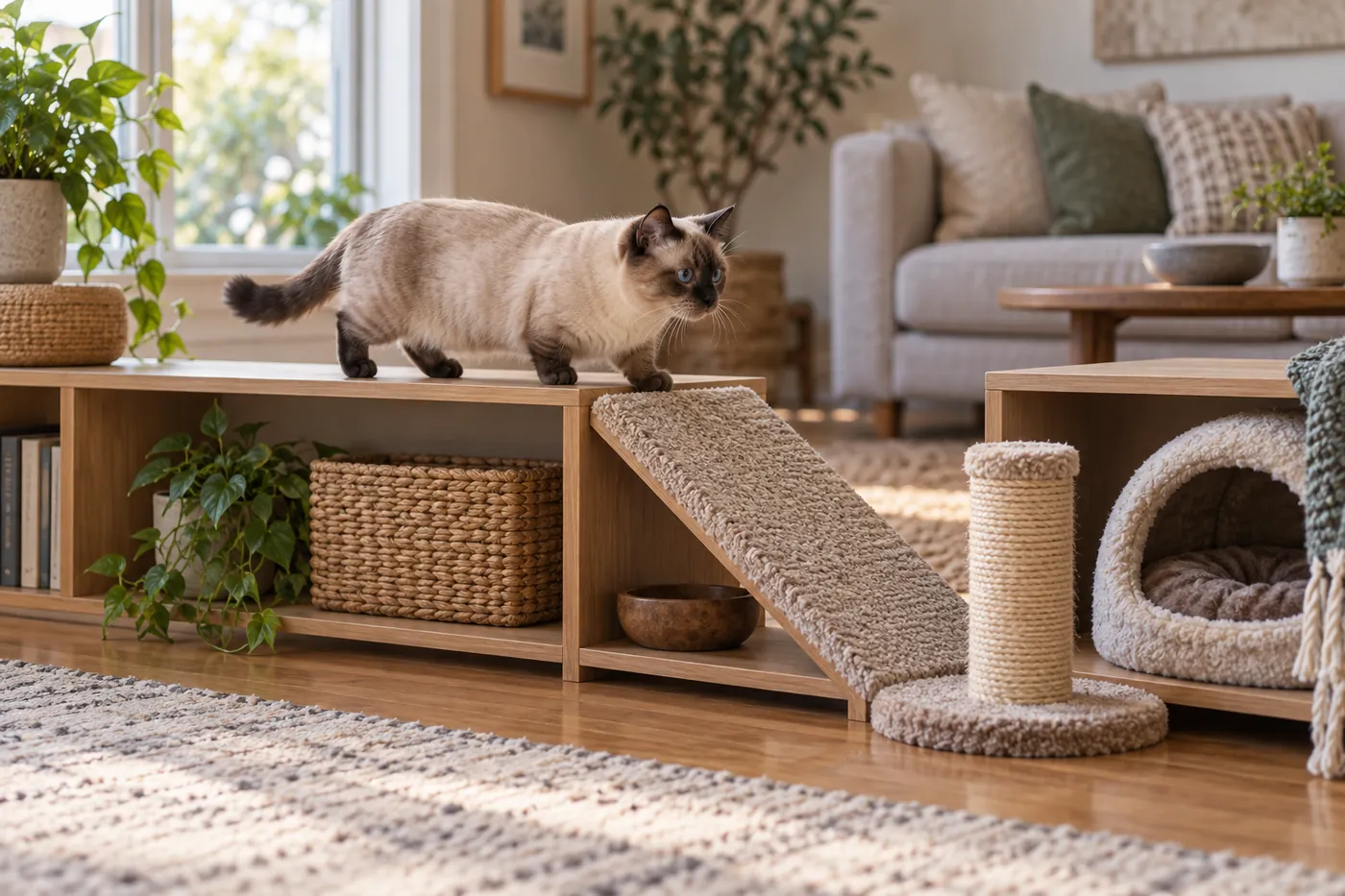 Short-legged cat with furred legs and a sparse torso walking along low shelves joined by a carpeted ramp, a covered bed nearby