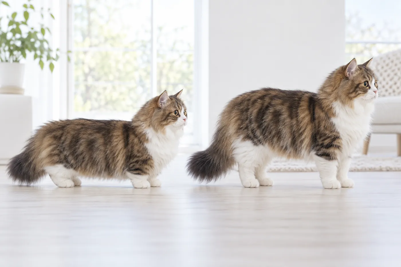Two long-coated tabby and white cats in side profile with matching faces, one on short legs, one on ordinary legs