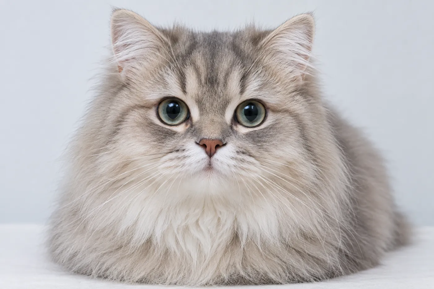 Front view of a long-coated cat's round face with a visible nose bridge, open nostrils and clean fur under the eyes