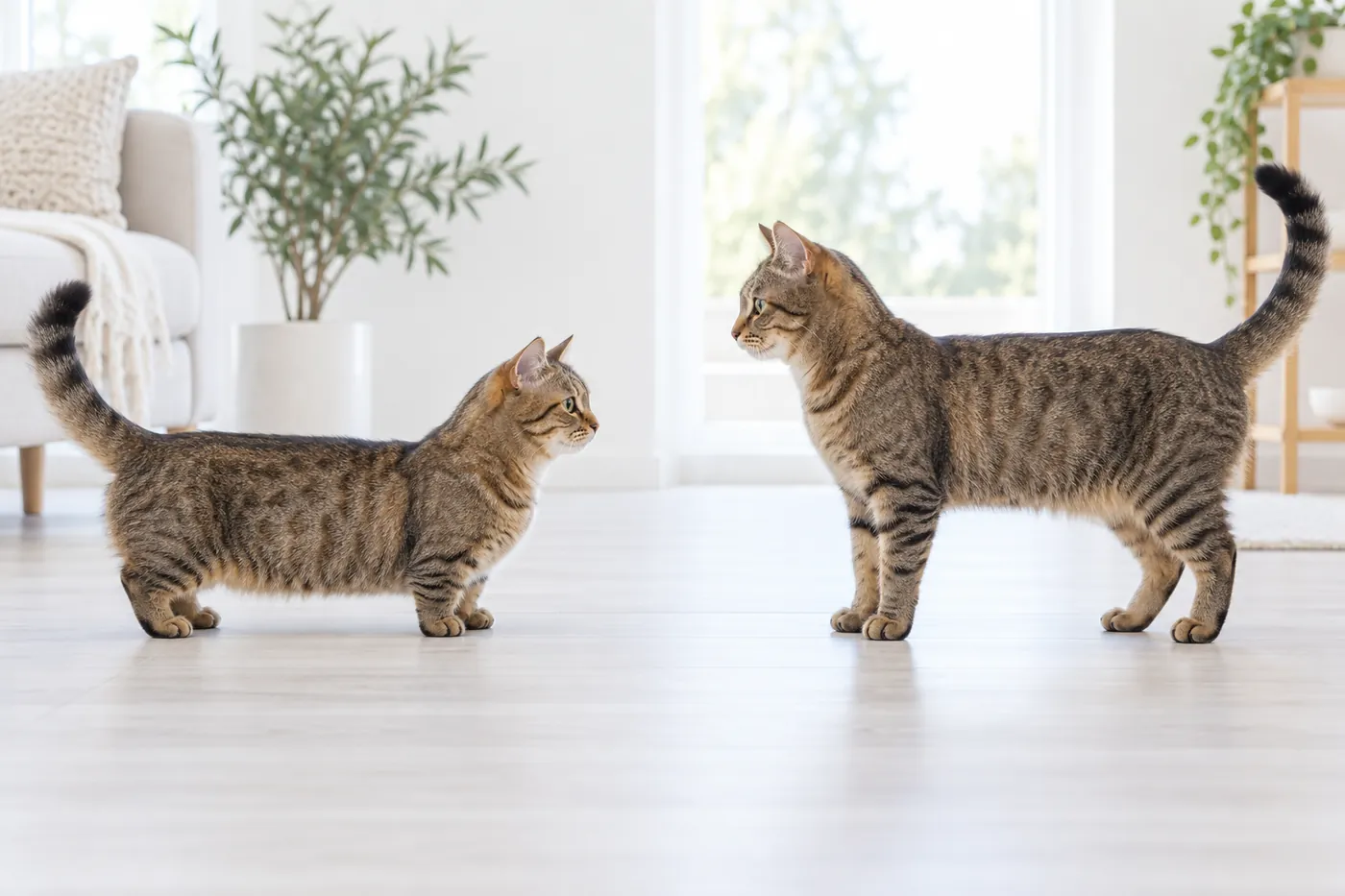 Two brown tabby cats in side profile, one with short legs on a normal-length body and one with standard legs