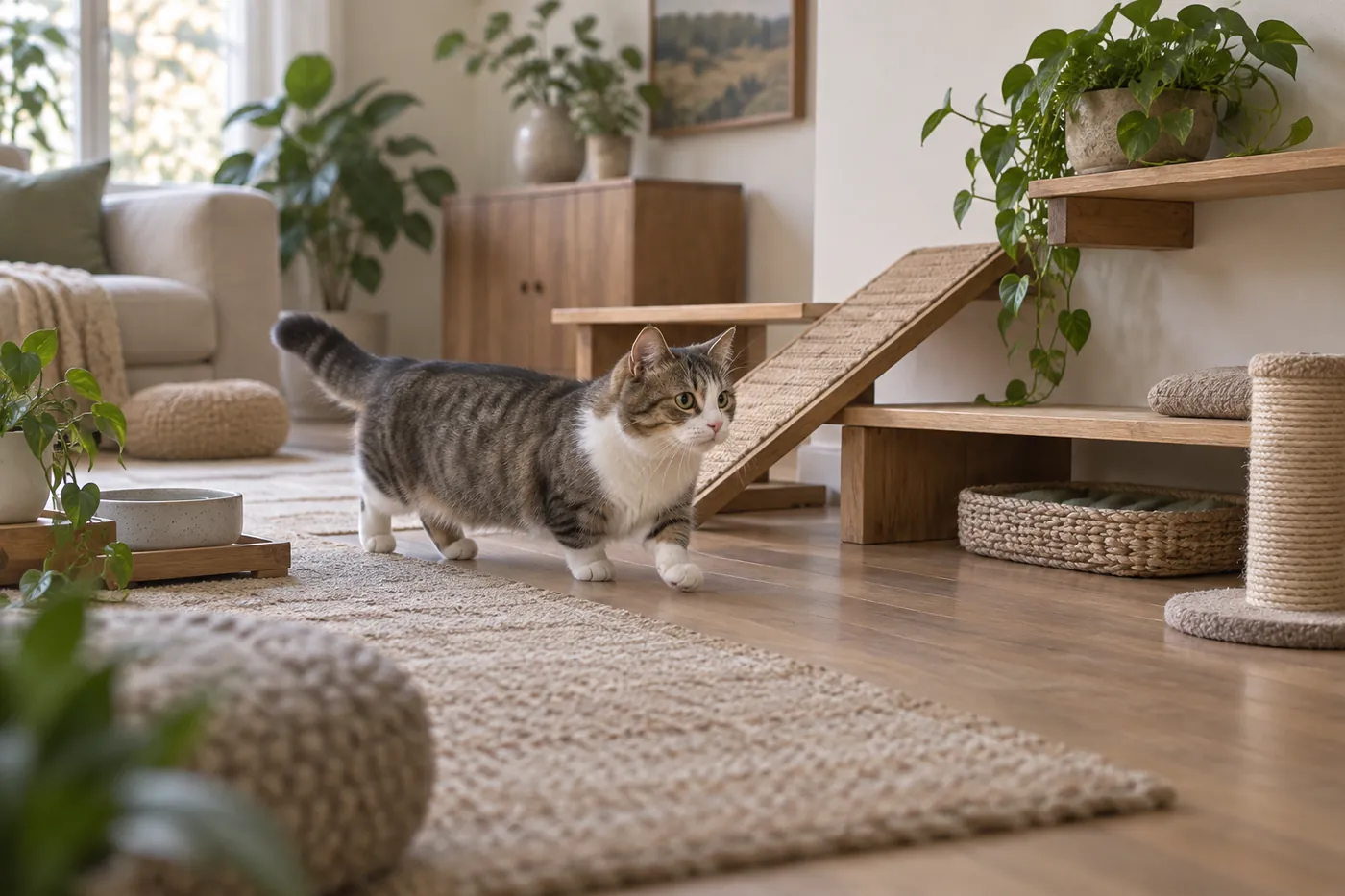 A short-legged cat walking a low route of broad shelves and a ramp, past a floor-level water bowl and scratching post