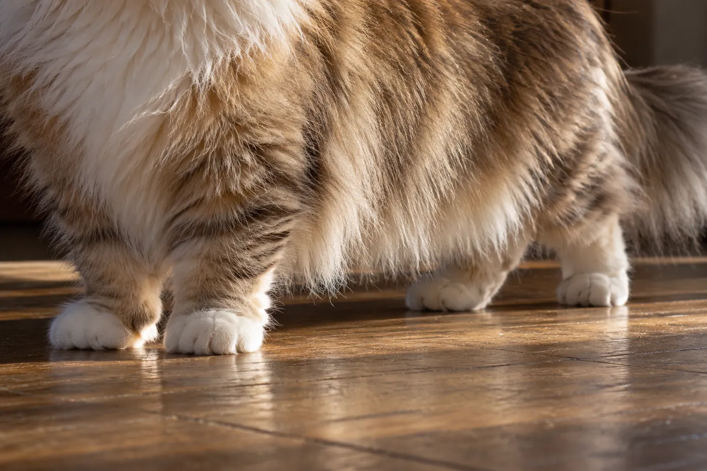 Low side view of a long-coated short-legged cat whose belly and leg fringes hang a short way above a wooden floor