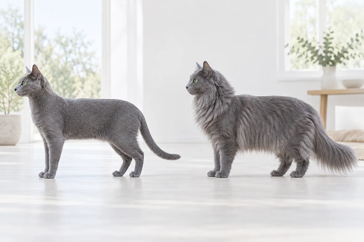 Two green-eyed blue cats in side profile, one short and plush-coated, the other with a neck ruff and bushy tail