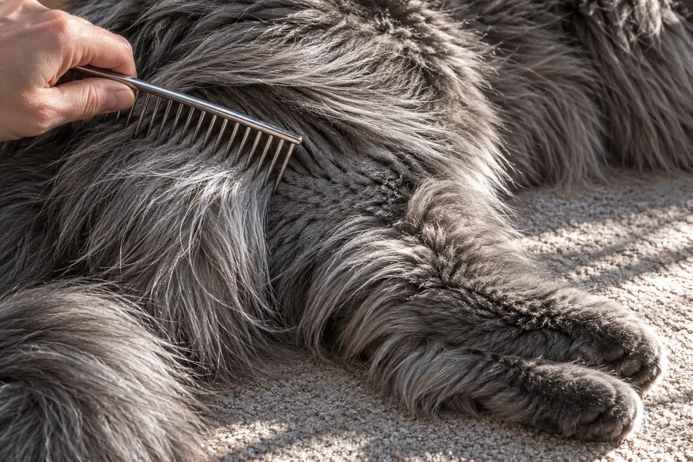 A wide-tooth comb parting the long blue hair on the back of a Nebelung's hind leg to show dense undercoat