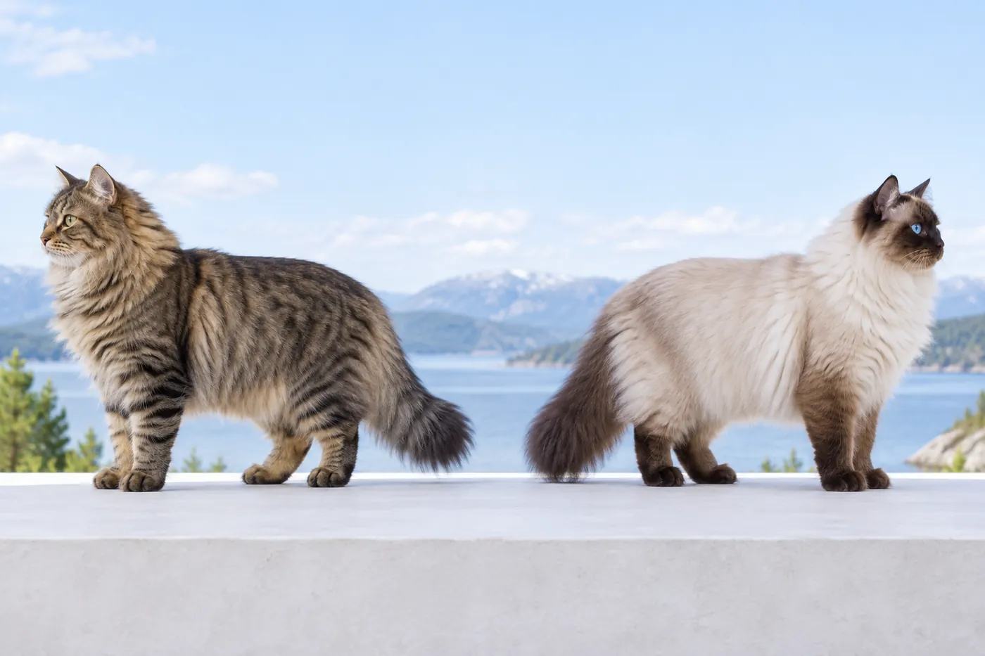 Two long-coated muscular cats in side profile, a brown tabby with green-gold eyes and a cream seal-point with blue eyes