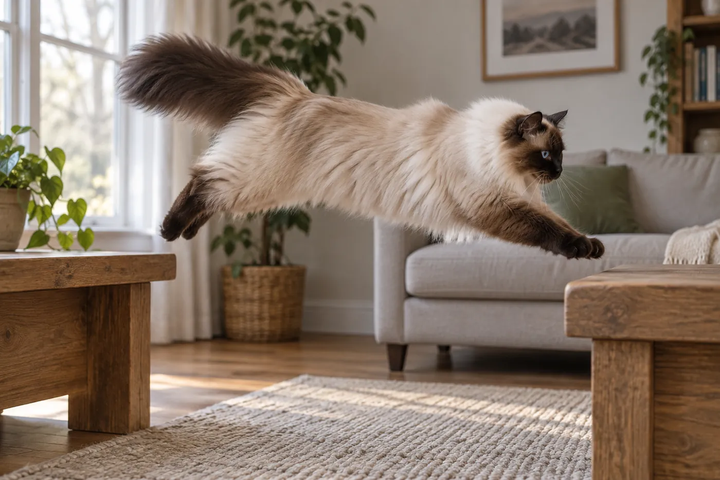Seal-point long-coated cat leaping between two broad wooden platforms in a living room, hind legs fully extended