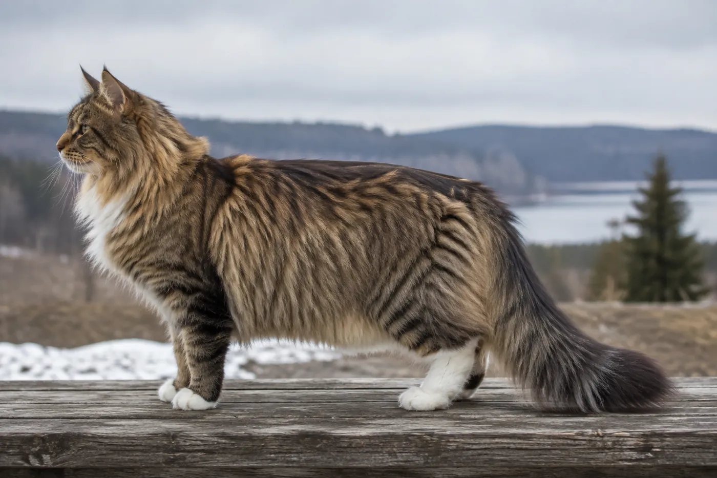 Adult Norwegian Forest Cat standing side on beside a measured platform, showing a large long body and full tail