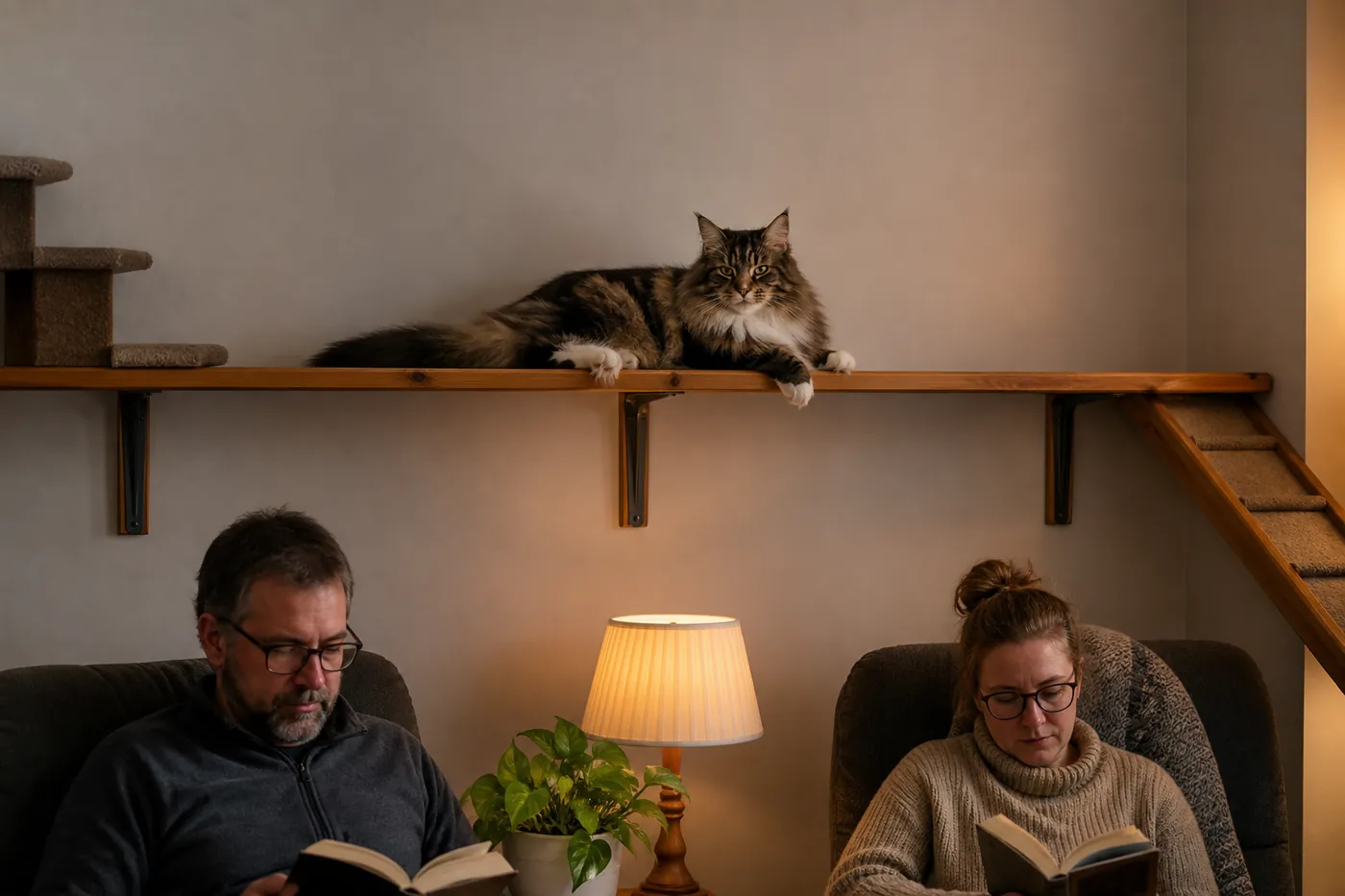 Norwegian Forest Cat resting on a wide wall shelf above a family reading area