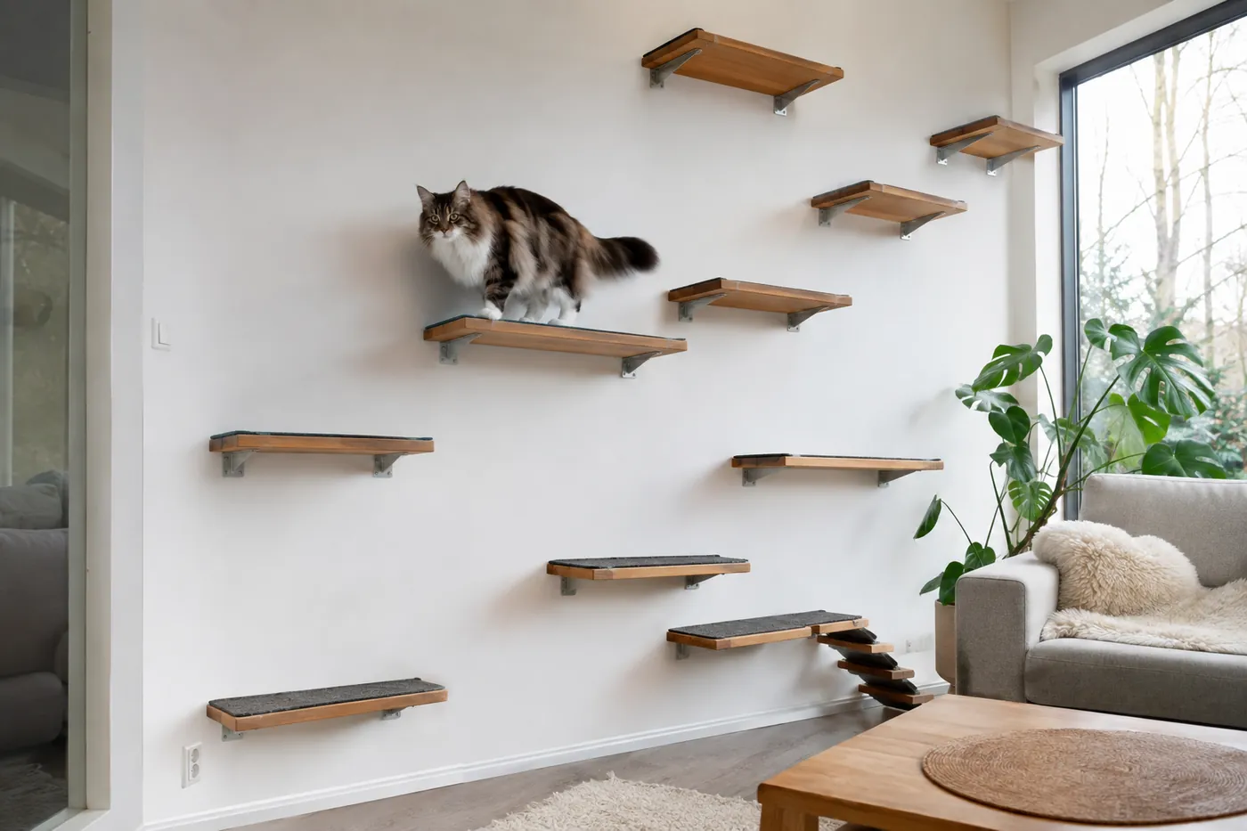 Large Norwegian Forest Cat climbing broad staggered shelves fixed securely to a wall