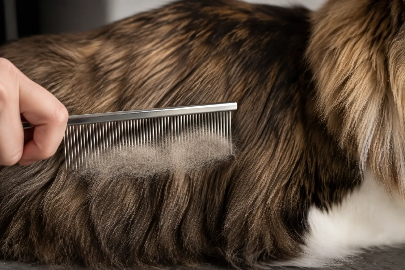Wide metal comb lifting loose undercoat from a healthy Norwegian Forest Cat flank