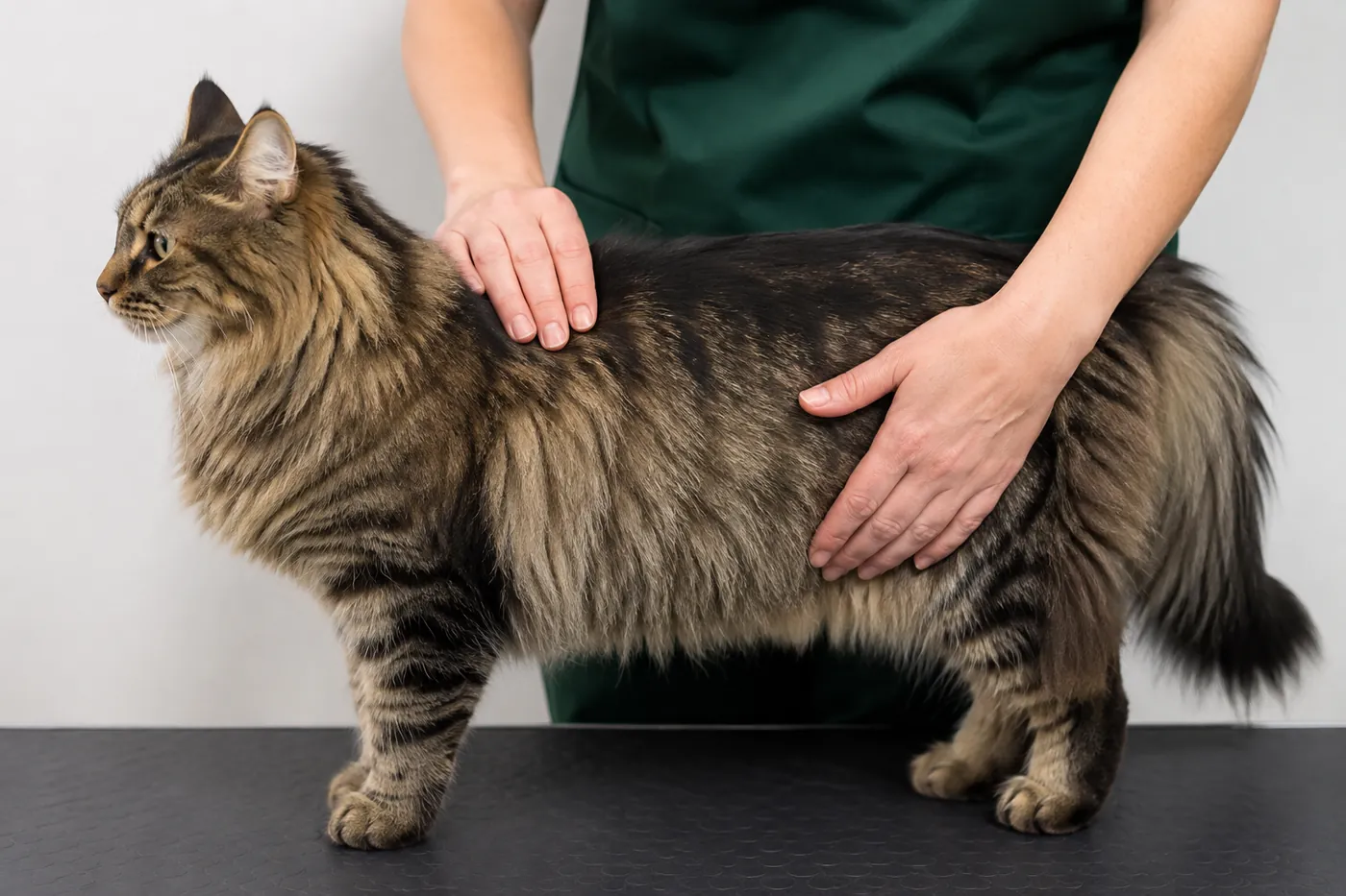 Hands assessing the ribs and waist beneath the thick coat of a standing Norwegian Forest Cat