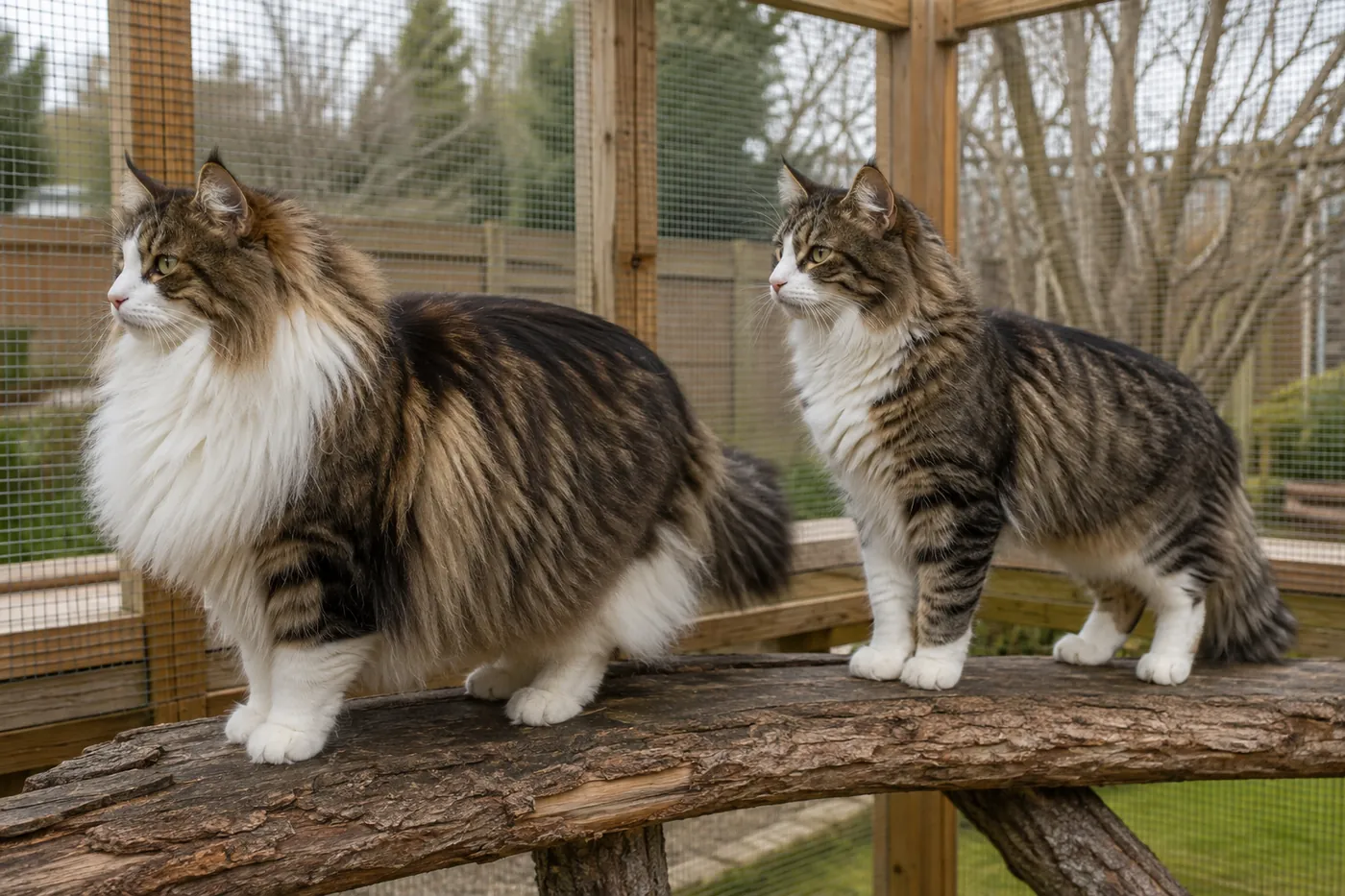Norwegian Forest Cats in full winter coat and lighter summer coat inside a secure timber catio