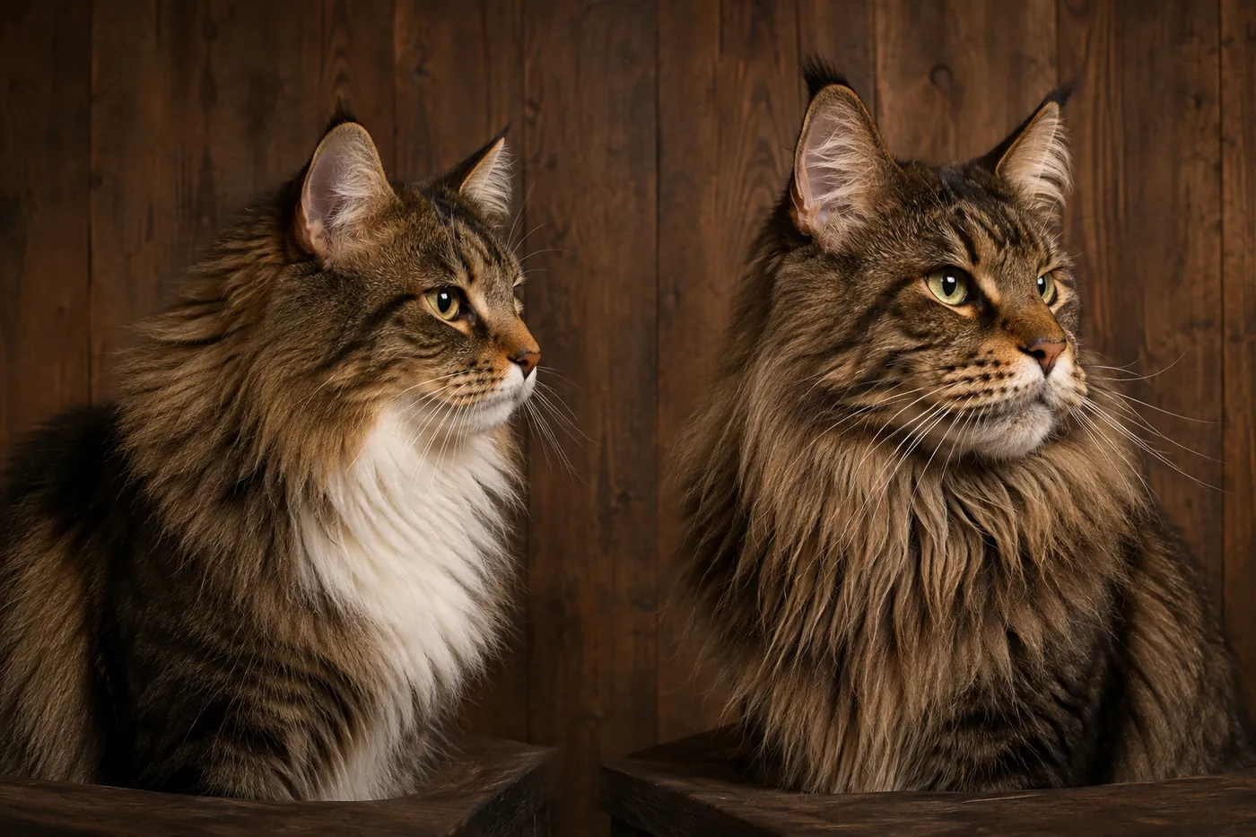 Norwegian Forest Cat and Maine Coon head profiles side by side, showing triangular and rectangular head shapes