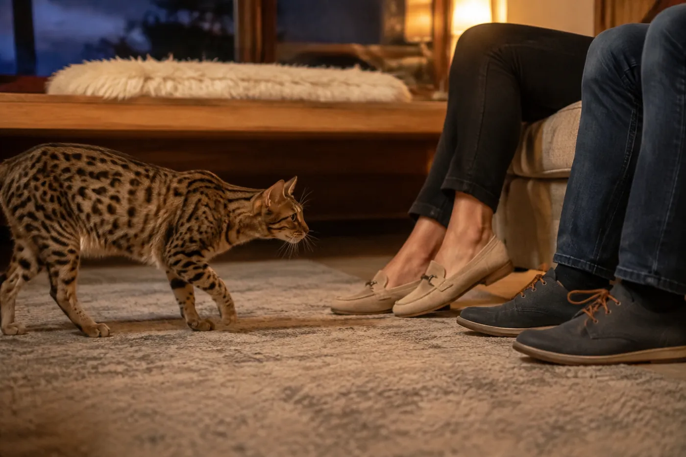 Ocicat greeting two seated visitors while retaining a clear route to a high perch