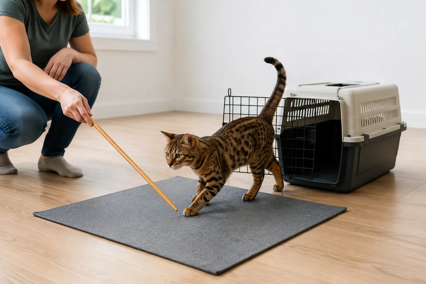 Ocicat stepping onto a training mat beside an open carrier after following a target stick