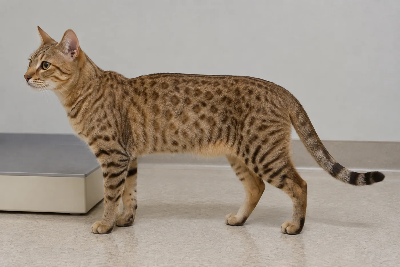 Adult Ocicat standing side on during a calm body-condition check in a veterinary exam room